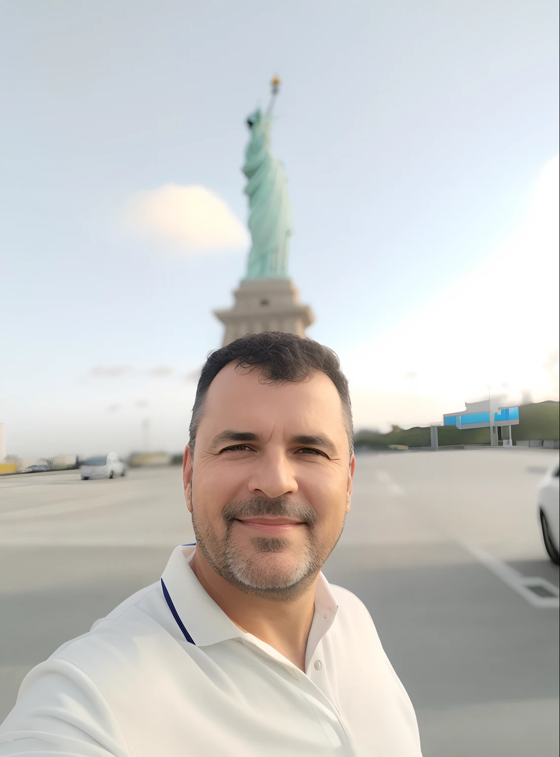 Man in white shirt standing in a parking lot, Fotografia selfie 8k, Homem de 4 0 anos, No meio de Nova York, foto muito precisa, Na Ilha da Liberdade, foto de 2022, imagem de qualidade muito baixa, cerca de 3 5 anos, (38 anos), Liberty statue, EUA-Set 20