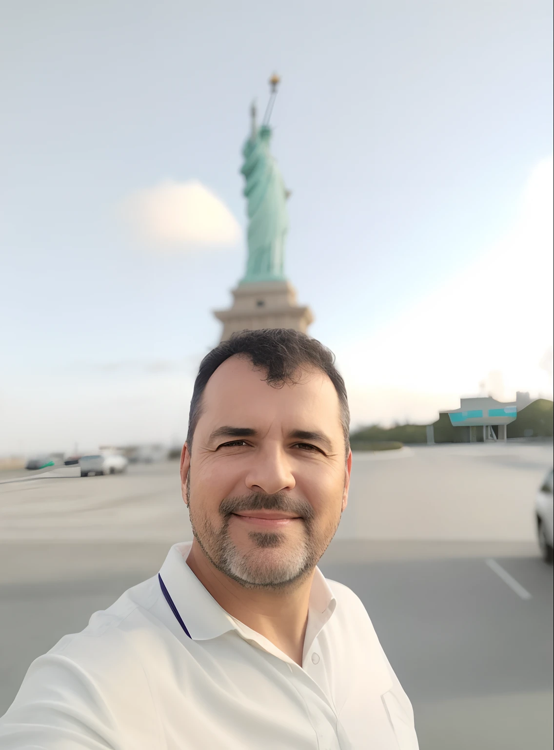 Man in white shirt standing in a parking lot, Fotografia selfie 8k, Homem de 4 0 anos, No meio de Nova York, foto muito precisa, Na Ilha da Liberdade, foto de 2022, imagem de qualidade muito baixa, cerca de 3 5 anos, (38 anos), Liberty statue, EUA-Set 20