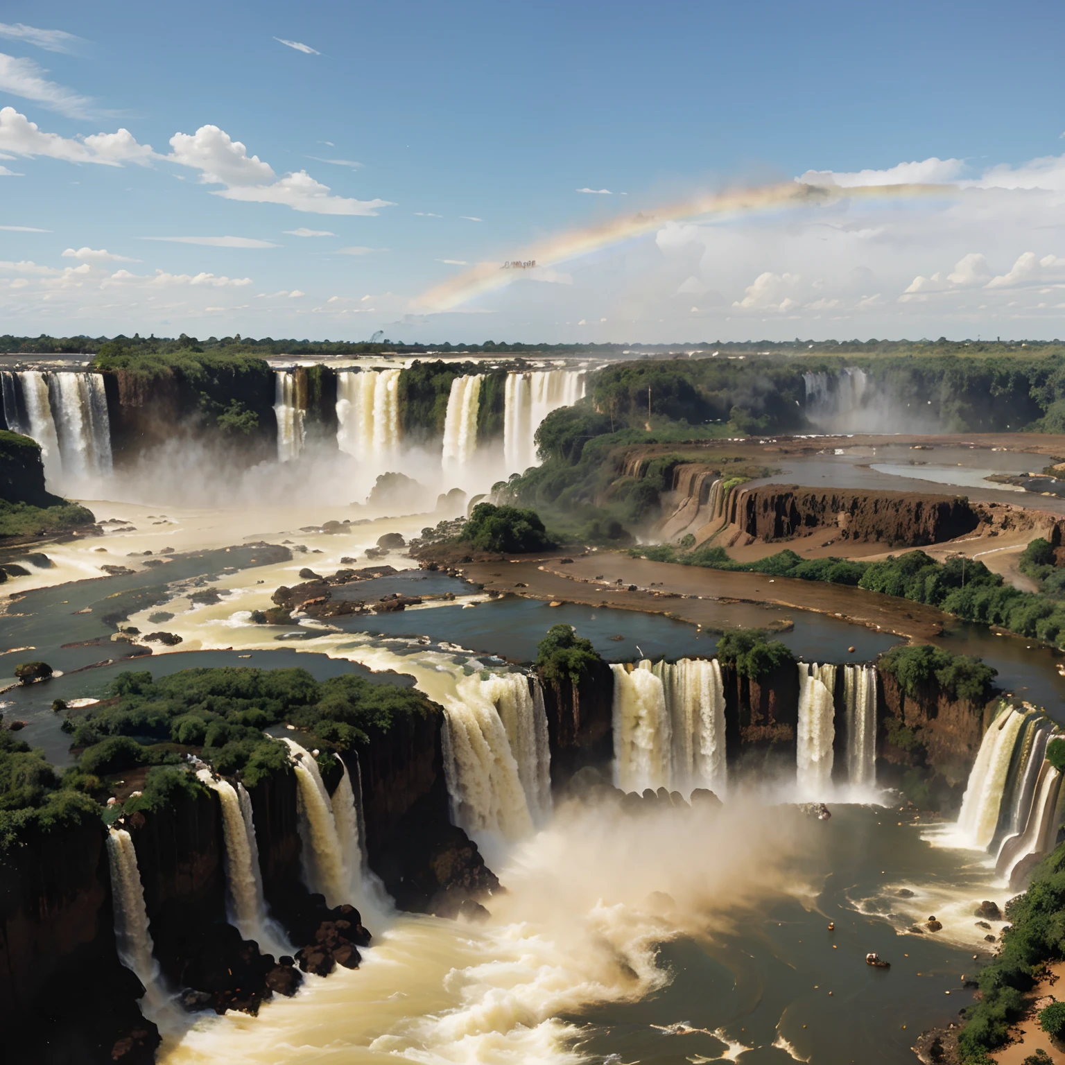 Iguazu Falls in Foz do Iguacu with rainbow sunny day with few people next to another tall man 1,83 de altura sem barba, thick lips, brown eyes, strong brown hair