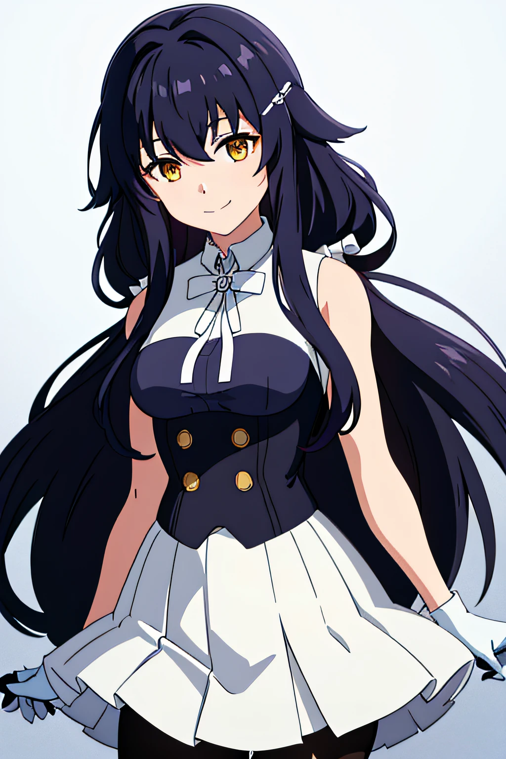 1girl, solo, facing viewer, looking at viewer, upper body, smile, AAAZUMA, LONG HAIR, HAIRCLIP, HAIR FLAPS, NECK RIBBON, WHITE RIBBON, WHITE SHIRT, SLEEVELESS, BLACK GLOVES, UNDERBUST, BUTTONS, WHITE SKIRT, BLACK PANTYHOSE