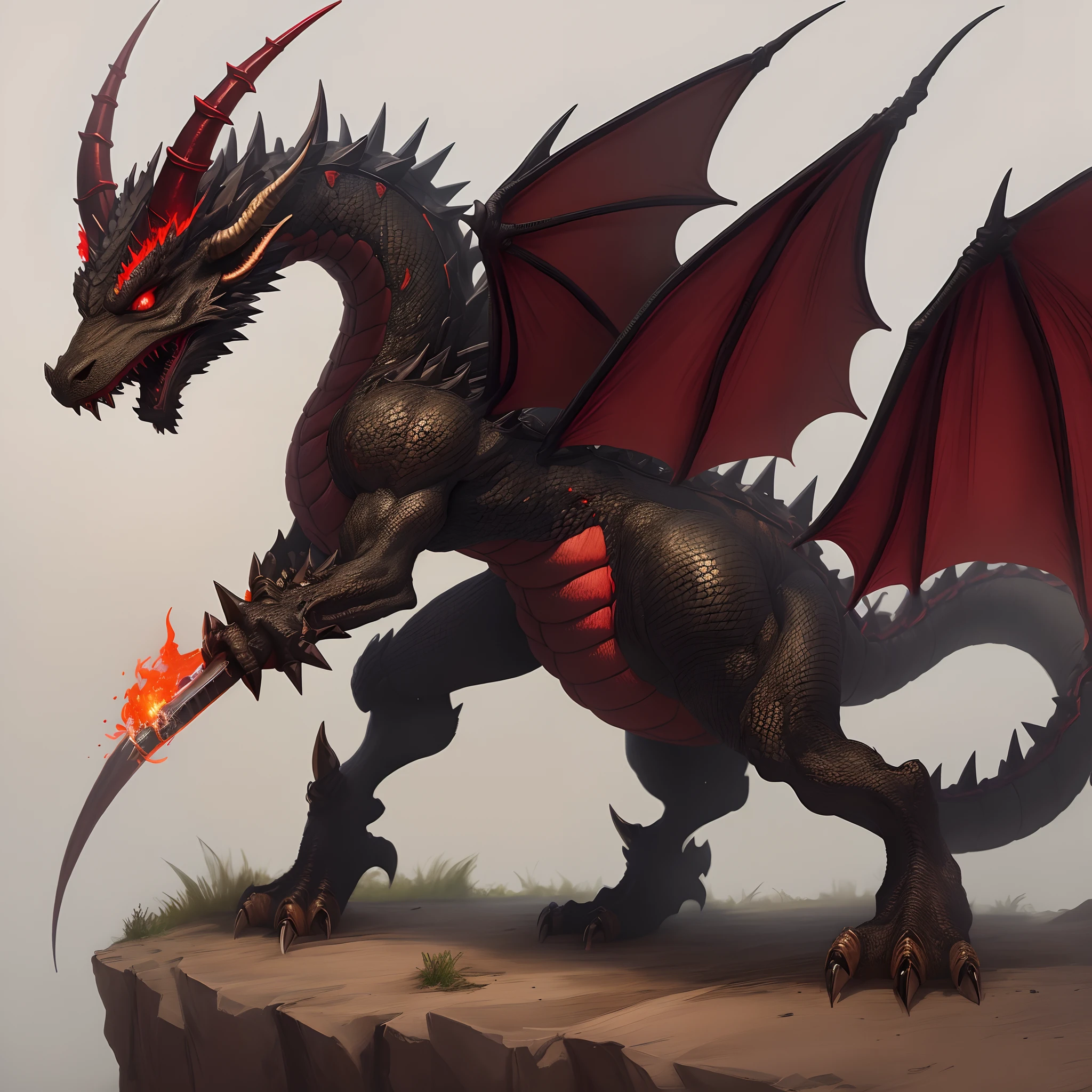 Black and red dragon with horns on its head red eyes and a spiked tail