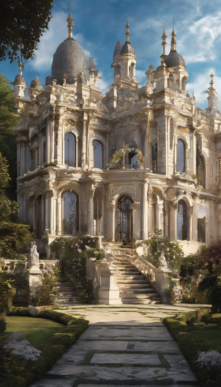 A large palace with white walls, Golden roof, Gold furniture, Big garden, Various flowers, Majestic