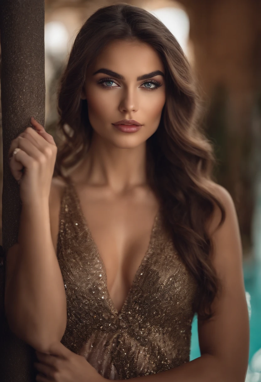 Femme Serbe, Fille  aux yeux verte, , cheveux bruns et grands yeux, Selfie d’une jeune femme, Yeux de chambre, Violet Myers, pas de maquillage, Maquillage naturel, Regarder directement dans la caméra, Visage avec Artgram, Maquillage subtil, Superbe photo du corps entier, Au bord de la piscine, Escote