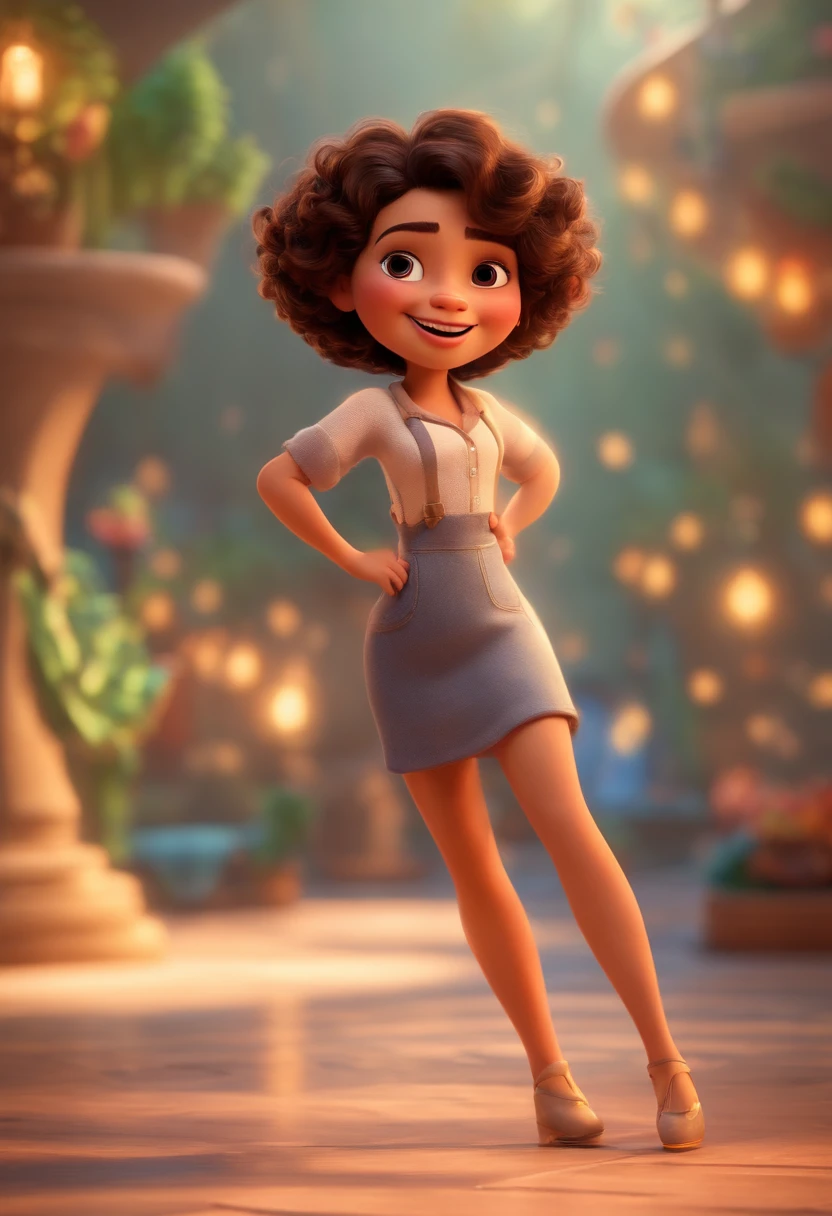 Pixar style image with 3D character white glasses brunette woman short curly hair dancing, Maquiagem Disney,Pescador, bonitinho, sorridente ,Close-up, Pixar, Disney, Cinema lighting,