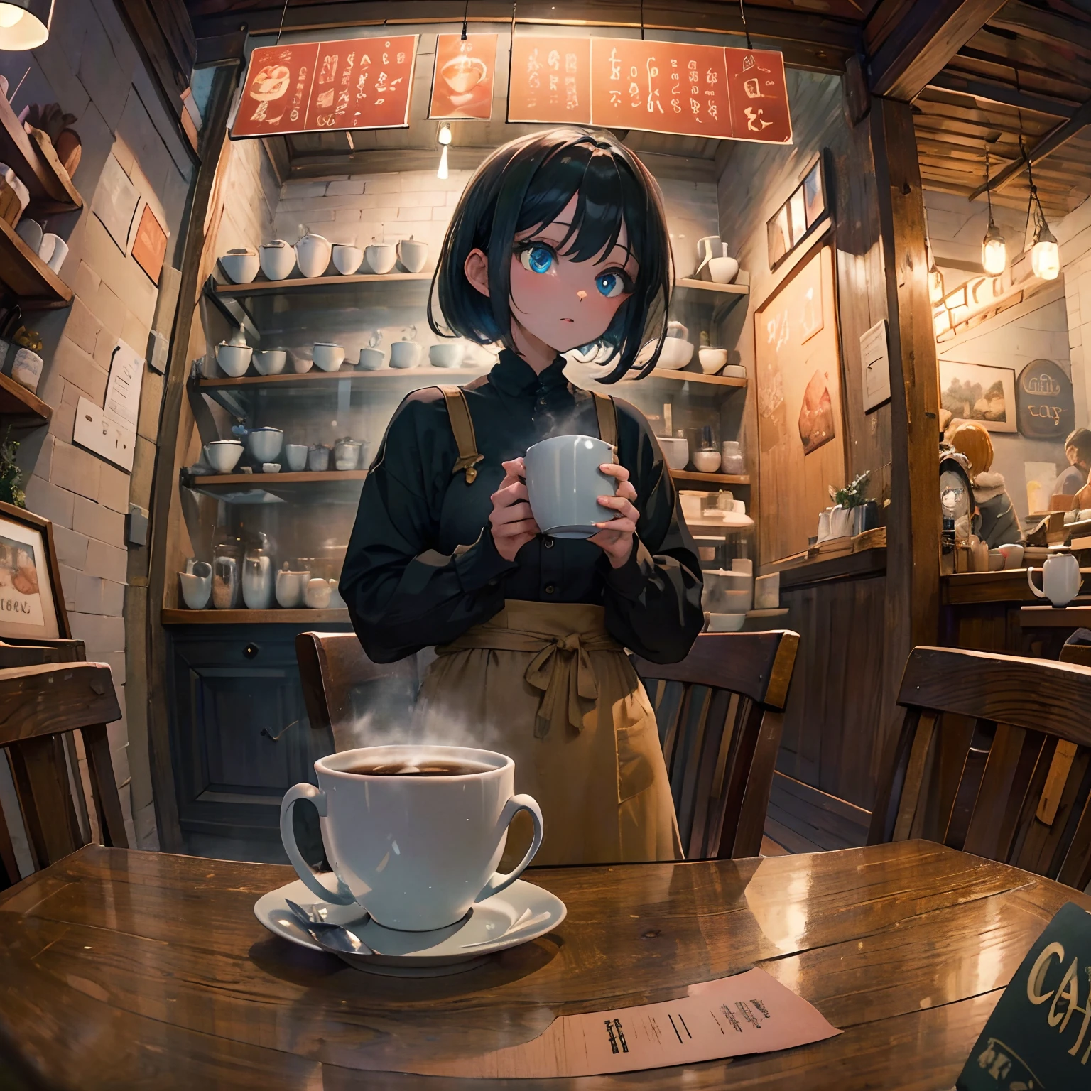 (masterpiece), (best quality), (ultra-detailed),antique house,1girl,nostalgic,lodge,A girl is traveling
,shiny black hair, wide angle, blue eye, medium hair,
antique cafe, at dusk, holding coffee cup with both hands