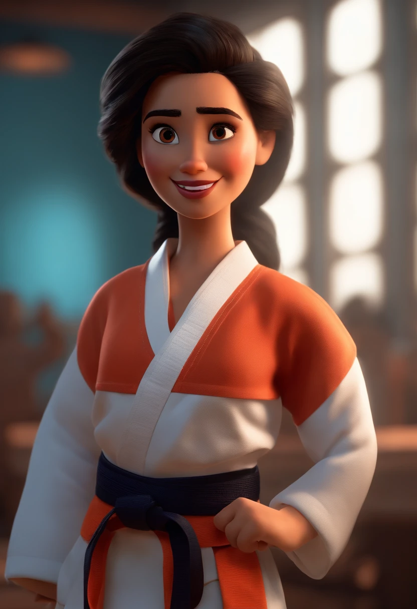 Imagem estilo Pixar com personagem 3D  mulher morena cabelo cacheado comprido, Maquiagem Disney, sorridente ,wearing a karate gi and a black belt, Close-up, Pixar, Disney, Cinema lighting,