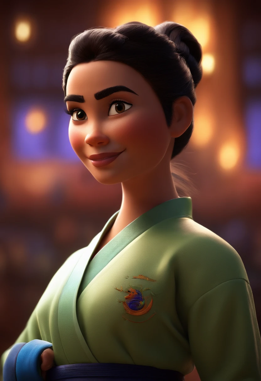 Imagem estilo Pixar com personagem 3D mulher morena cabelo cacheado comprido, Maquiagem Disney, sorridente ,wearing a karate gi and a black belt, Close-up, Pixar, Disney, Cinema lighting,