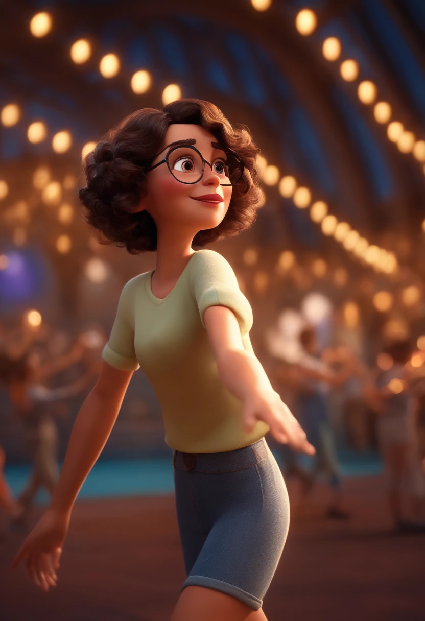 Pixar style image with 3D character white glasses brunette woman short curly hair dancing, Maquiagem Disney,Pescador, bonitinho, sorridente ,Close-up, Pixar, Disney, Cinema lighting,