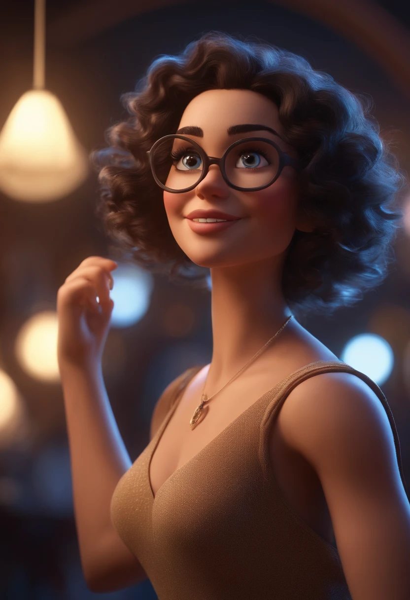 Pixar style image with 3D character white glasses brunette woman short curly hair dancing, Maquiagem Disney,Pescador, bonitinho, sorridente ,Close-up, Pixar, Disney, Cinema lighting,