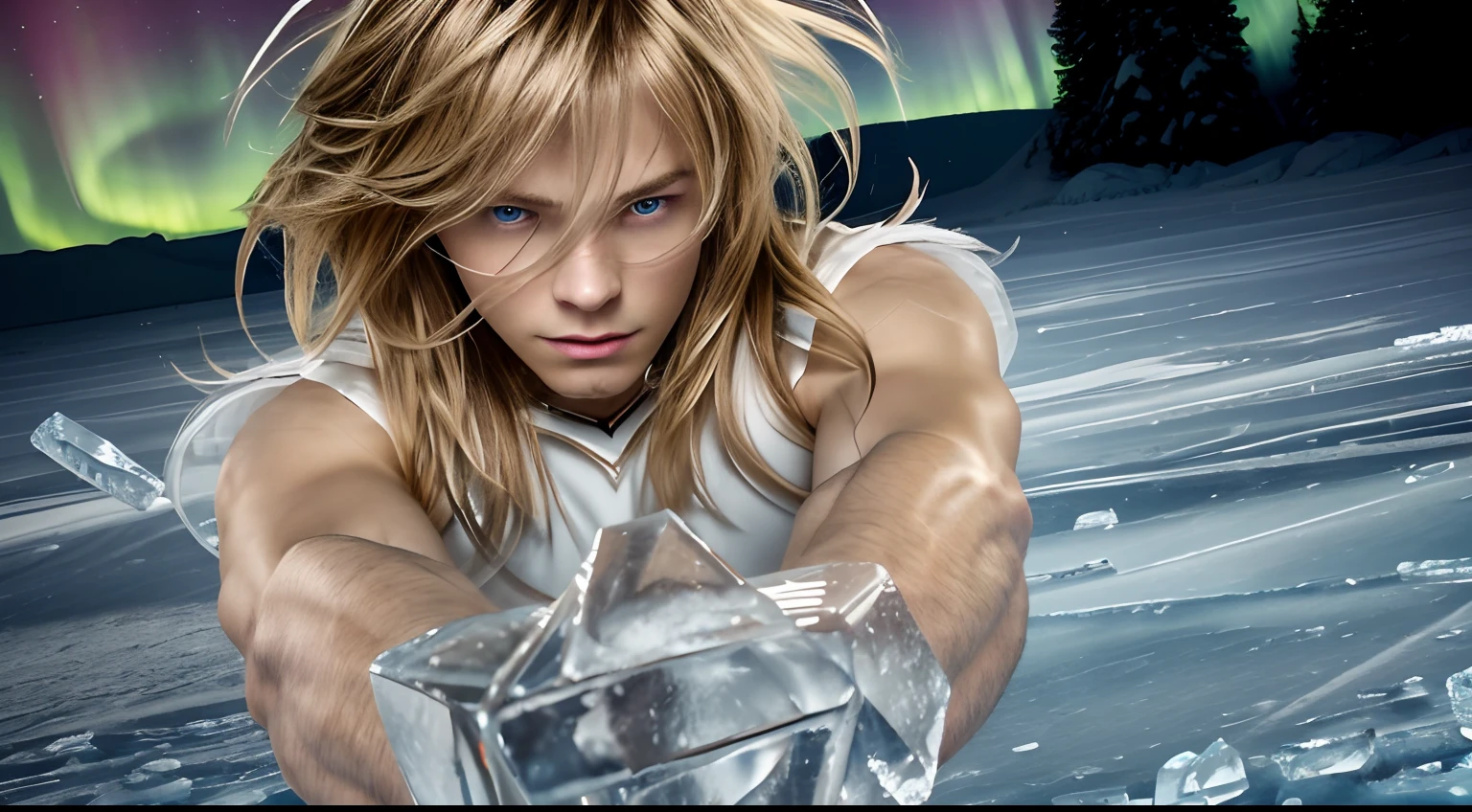 (masterpiece), (realistic) , close up portrait of a man, (male), 20 years old, Russian (1boy), slightly low view, solo, pretty handsome man, white skin, ((pretty big blue eyes)), ((well done eyes)), ((perfect eyes)), serious, powerful look, medium messy blond hair, (bangs), hair blowing in the air, (beardless), off-white regatta, muscular, long arms extended forward, proportional arms, ice covering the crossing hands, aurora boreal sky background, frozen background solo, small ice Cristals in the air, cinematic lighting.