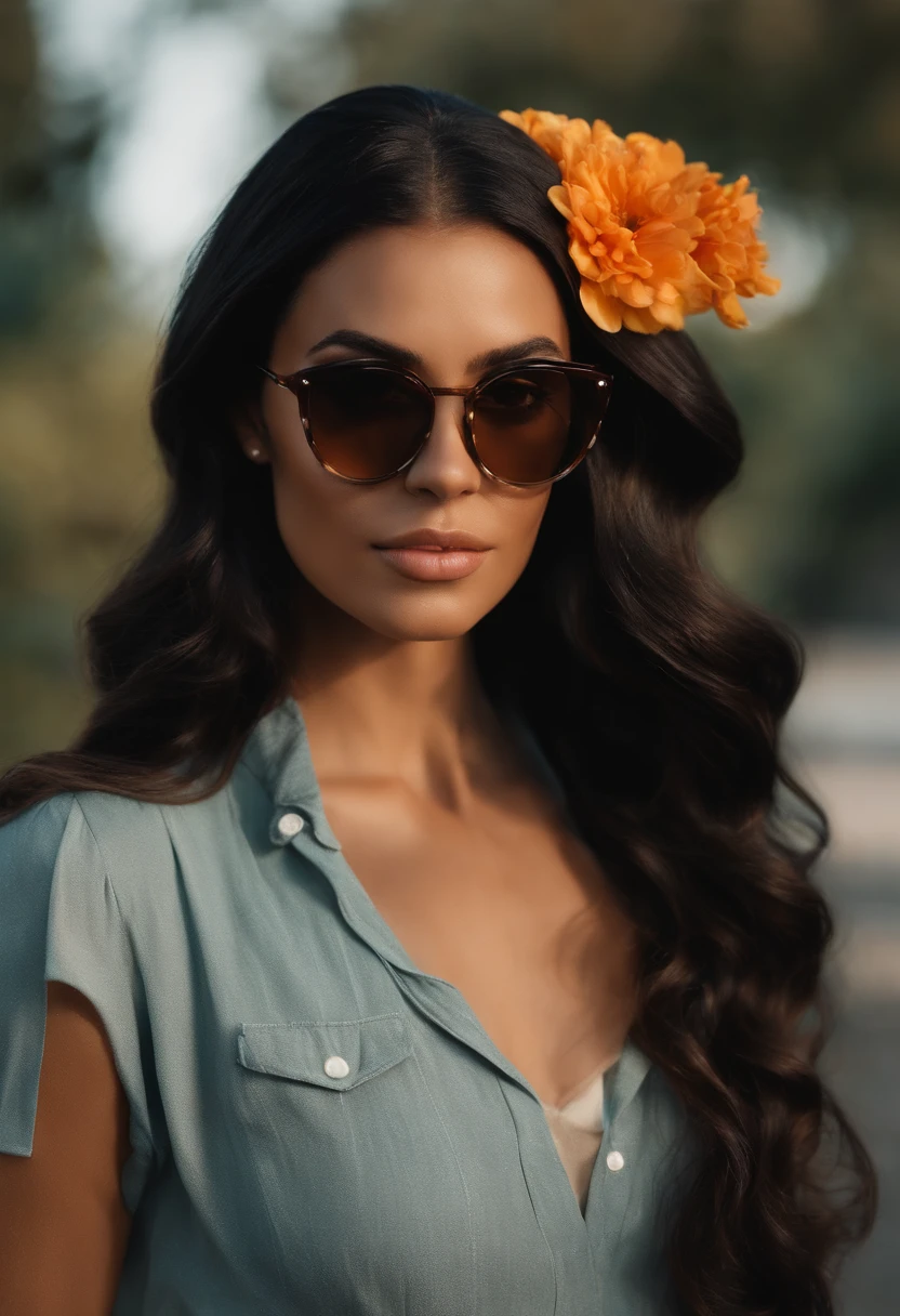 Pixar style image with 3D character there is a woman with a flower in her hair and sunglasses, imagem de perfil, Alanis Guillen, foto do perfil, foto de perfil headshot, imagem do avatar, foto de perfil, wavy long black hair and glasses, ao sol, Justina Blakeney, dia ensolarado brilhante, taken in the early 2020s, em um dia ensolarado