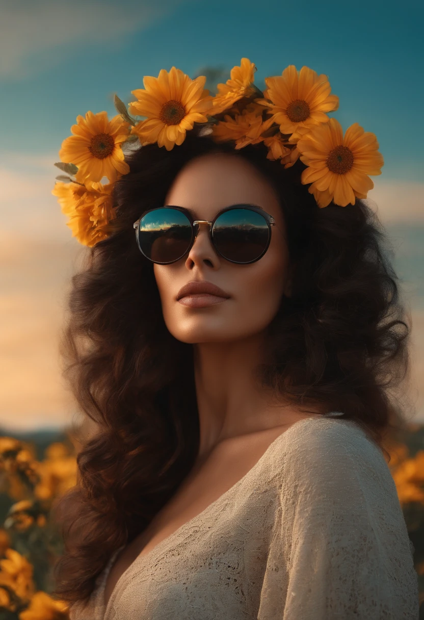 Pixar style image with 3D character there is a woman with a flower in her hair and sunglasses, imagem de perfil, Alanis Guillen, foto do perfil, foto de perfil headshot, imagem do avatar, foto de perfil, wavy long black hair and glasses, ao sol, Justina Blakeney, dia ensolarado brilhante, taken in the early 2020s, em um dia ensolarado