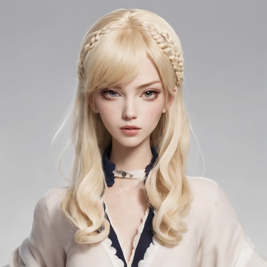 japanese animation fashion, blonde color hair, a hair style that looks like it would appear in one piece