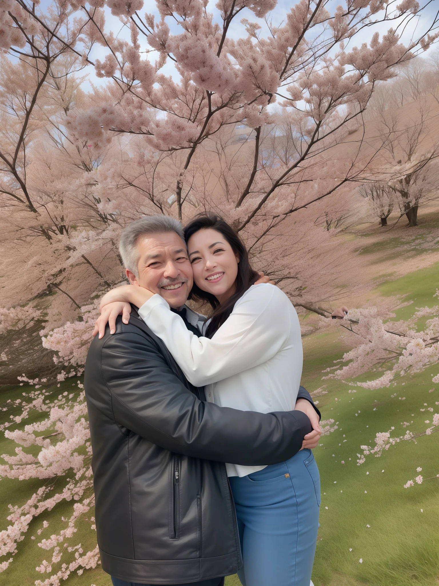 There's a man and a woman hugging in front of a tree, Lovely couple, momma and papa, durante a primavera, Temporada Sakura, cerejeira no fundo, imagem de perfil, fotografia de uma bela, tomada em 2 0 2 0, Flores no fundo, Under the Sakura Tree, floresta de flores de cerejeira, fotografia, Primavera, against the backdrop of trees