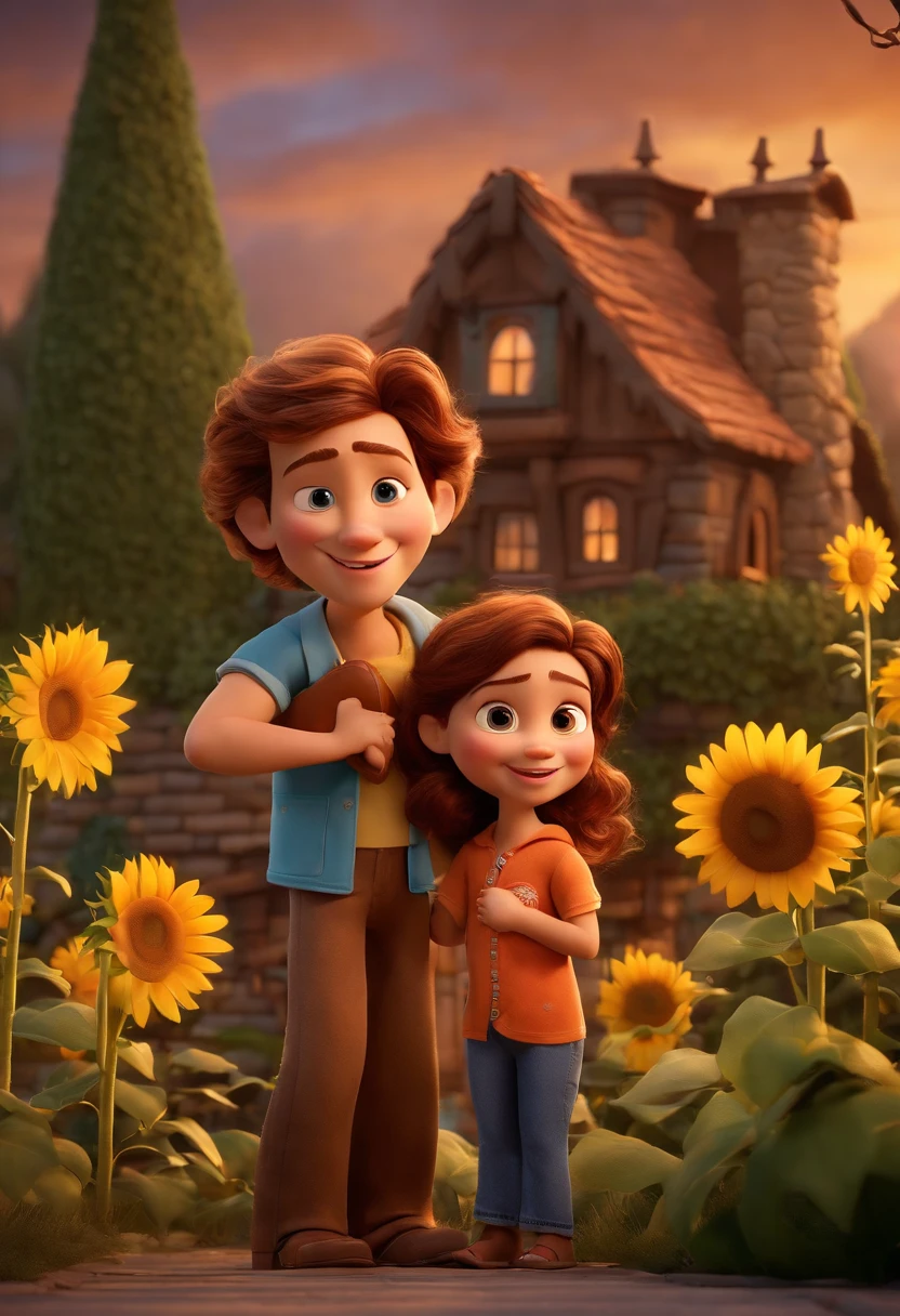 Create a Disney PIXAR-style 3D poster. ((centro da imagem, familia com pai, Mother and little girl hugging and smiling)) ((menina tem pele clara, olhos e cabelos escuros e liso)), ((pai branco com cabelo e barba curta, olhos e cabelo castanhos, com camisa polo e calca jeans)) ((mae branca, com cabelo e olhos castanhos)) ((tudo isso no estilo Disney PIXAR 3D, In the background, A house of sunflowers, Gloria Studio, The garden is full of nature 3D render RTX clay material, estilo de design cartunesco, POP Mart, soft lighting, linhas suaves, Spring tilt, Detailed illustrations of PIXAR 3D, Detalhes hiper-realistas, cor quente no estilo Disney PIXAR 3D))