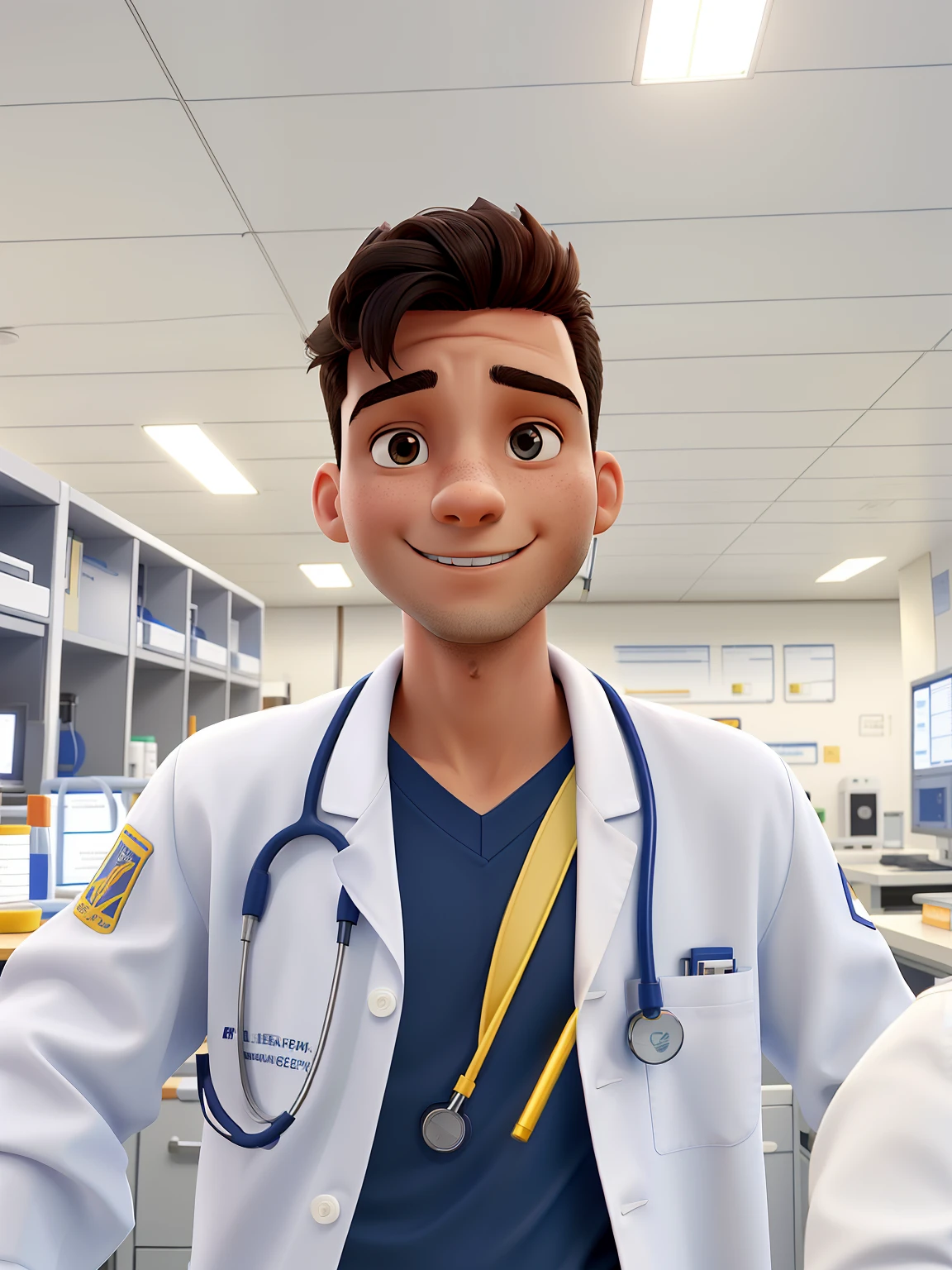 Photo of a young man in a laboratory or medical setting. The young man is wearing a white lab coat with a stethoscope around his neck. The young man is wearing a navy blue shirt underneath his lab coat. O jaleco tem um logotipo redondo de cor azul escrito "UFMT" on his left arm and a name badge on his right chest written on it "Andre V S Ribeiro". The fund consists of laboratory equipment and shelves.