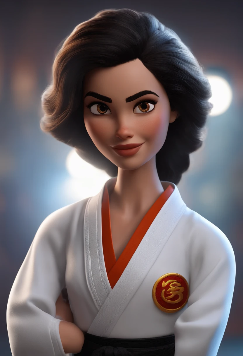 Imagem estilo Pixar com personagem 3D mulher morena cabelo cacheado comprido, wearing a white karate gi and a black belt ,Close-up, Pixar, Disney, Cinema lighting,