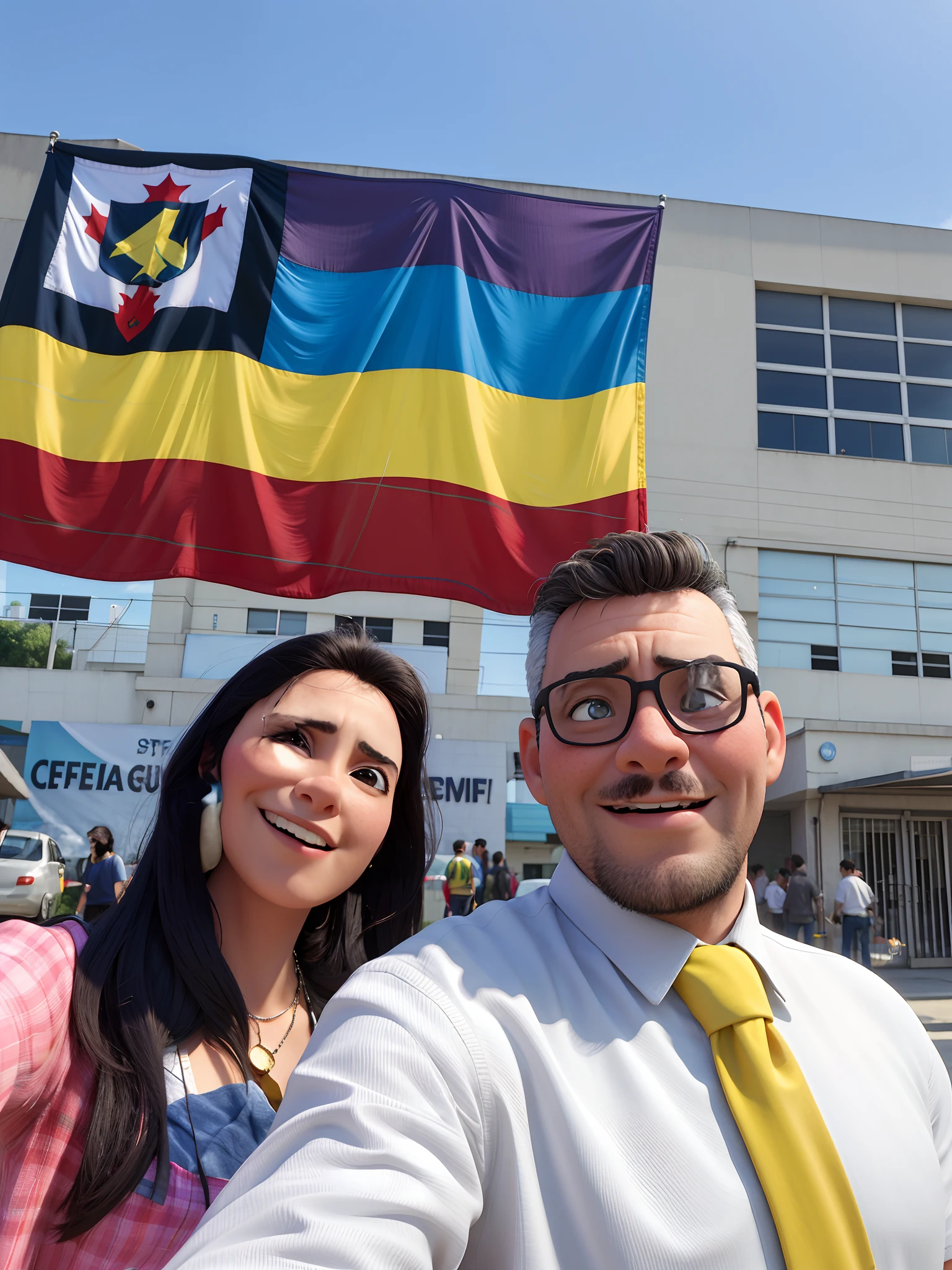 A political demonstration with flags and banners of contrasting colors. En el centro, María and Juan see each other for the first time, sus miradas se cruzan entre la multitud.