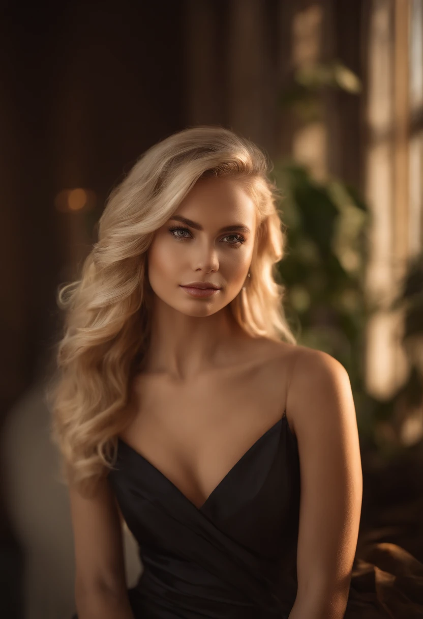 belle fille de 21 ans, longs cheveux blonds, yeux bleus, Full and attractive lips, sexy face, visage attrayant, A face of striking beauty, symmetrical face, photoreallistic, corps sexy, corps entier, Big shapely, Elegant and bodycon dress, hotel room, very high quality, High detail, portrait en gros plan, 8K UHD, Canon EOS R