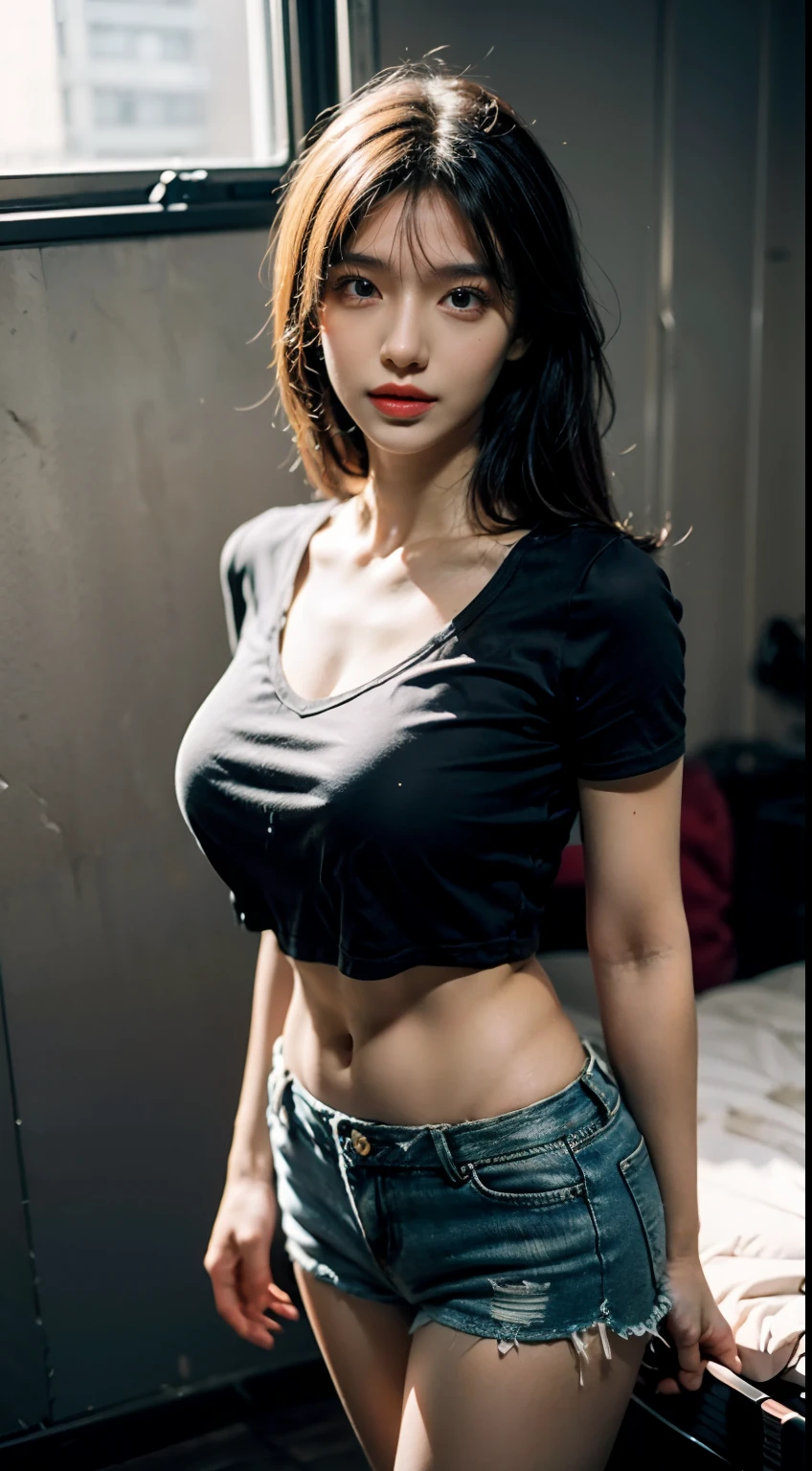 best qualtiy， tmasterpiece， high resolucion;，8K，（realisticlying：1.4），超High resolution A，1girll， ultra - detailed， hyper realisitc， Highly detailed CG illustrations， offcial art， Cinematic light， Realistis， Young and beautiful girl， perfect body figure， perfect body figure， Full POV， Perfect Body， （Start below：1.3）， lascivious pose， Long sexy legs， self-assured， beautiful sexy， gray short sleeves， Open abdomen， black super shorts， S-shaped body， upturned buttocks，posing in，posando，different perspectives，Standby distance detection，Show High(Show High)，Leg length markings