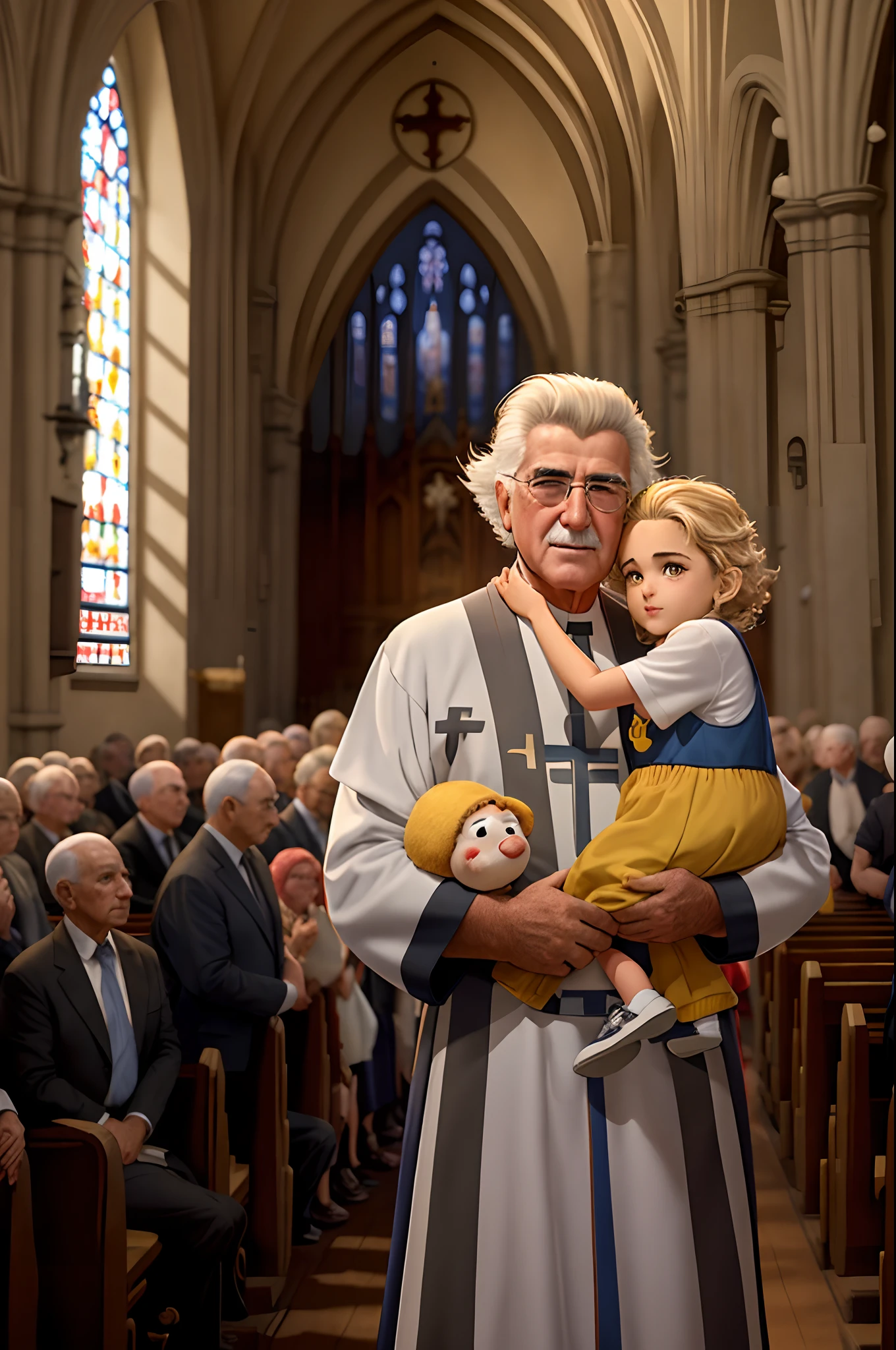 Create a Pixar-style image of a grandfather, moreno, cabelos grisalhos e lisos com seu neto, White curly and blond hair in arms in front of church