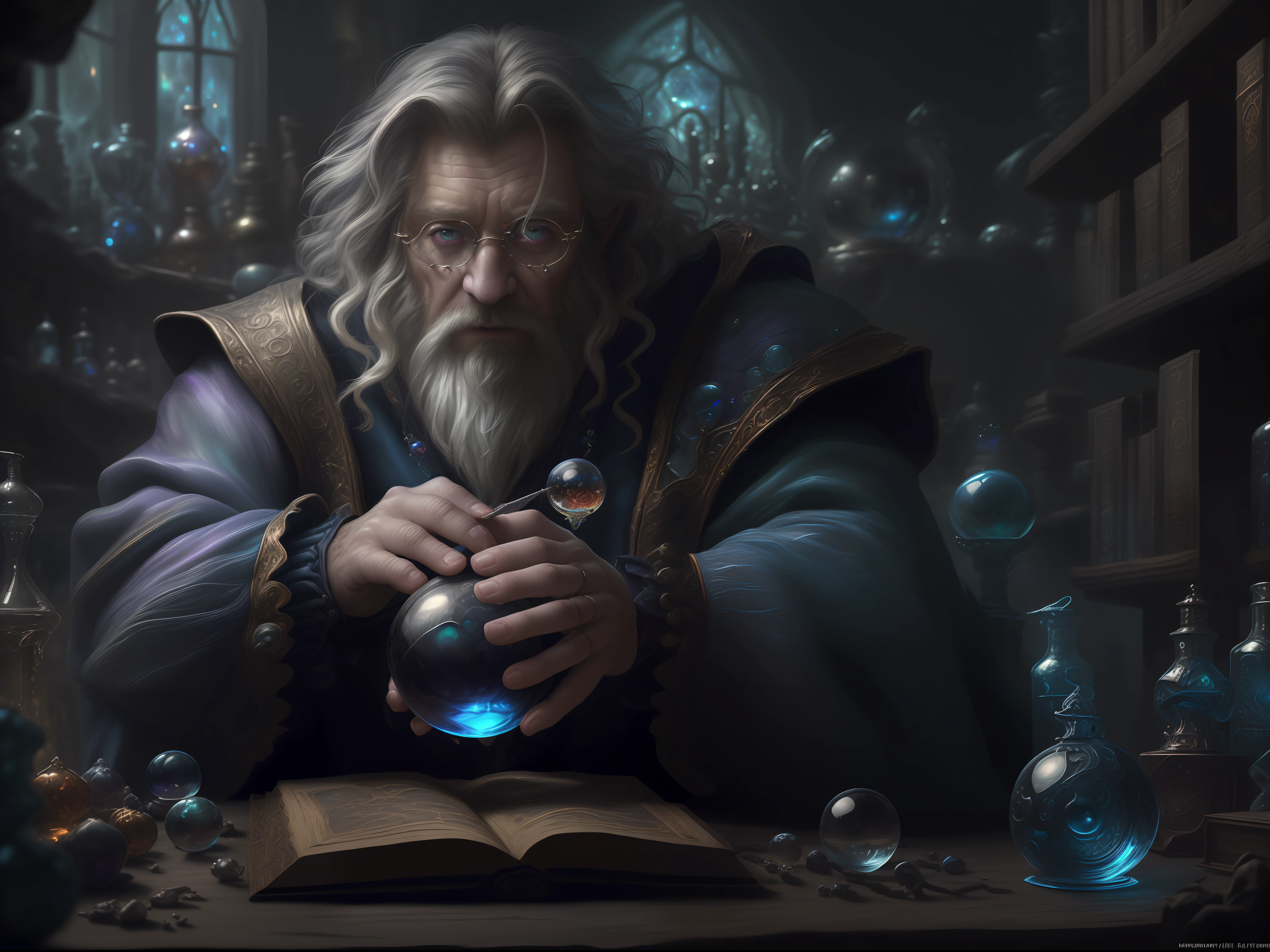 high details, best quality, 8k, [ultra detailed], masterpiece, best quality, (extremely detailed), dynamic angle, ultra wide shot, photorealistic, RAW, fantasy art, dnd art, fantasy art, realistic art, a wide angle landscape view wallpaper of a wizard (intense details, Masterpiece, best quality: 1.5) looking into his crystal ball (intense details, Masterpiece, best quality: 1.5), casting a spell in his magical laboratory, human male wizard, fantasy wizard (intense details, Masterpiece, best quality: 1.5), D&D wizard, middle aged man (intense details, Masterpiece, best quality: 1.5), dynamic hair, dynamic eyes, wearing magical robe (intense details, Masterpiece, best quality: 1.5), dynamic colors, ultra detailed face (intense details, Masterpiece, best quality: 1.5), manipulating blue magical energy, in his laboratory (intense details, Masterpiece, best quality: 1.5), many magical tomes, magical library (intense details, Masterpiece, best quality: 1.5),  many magical vials, ultra wide angle from a medium distance,