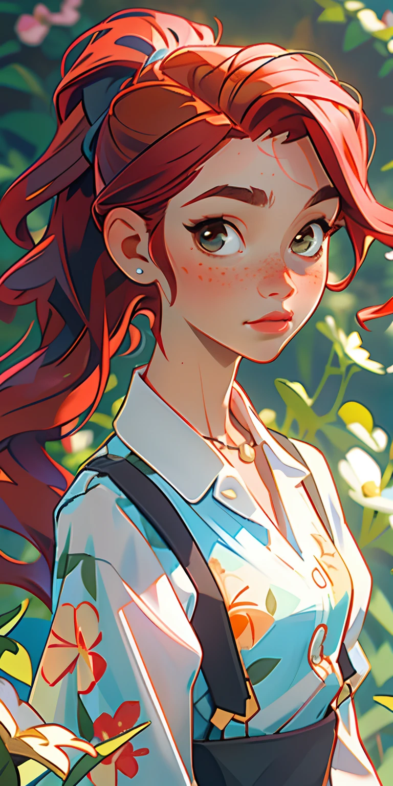 (masterpiece, best quality), 1girl, collarbone, wavy hair, looking at viewer, blurry, upper body, necklace, suspenders, floral print, ponytail, freckles, red hair, sunlight,