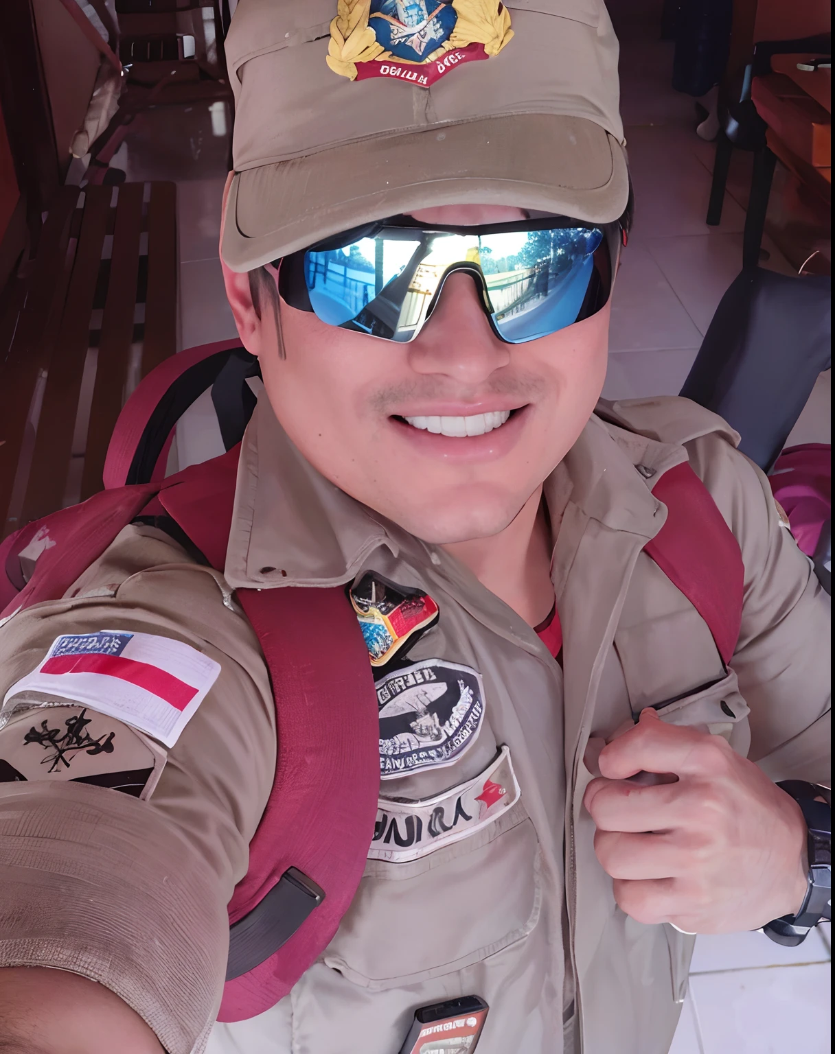 Man in uniform and sunglasses with backpack and backpack, inspirado em Oka Yasutomo, usando equipamento de aventura, usando equipamento de aventura, Fujita Goro!, vestindo traje de voo, durante o nascer do sol, ramil sunga, inspirado em Henric Trenk, tiro matinal, Assumido em Go Pro Hero8, vestindo uma jaqueta voadora