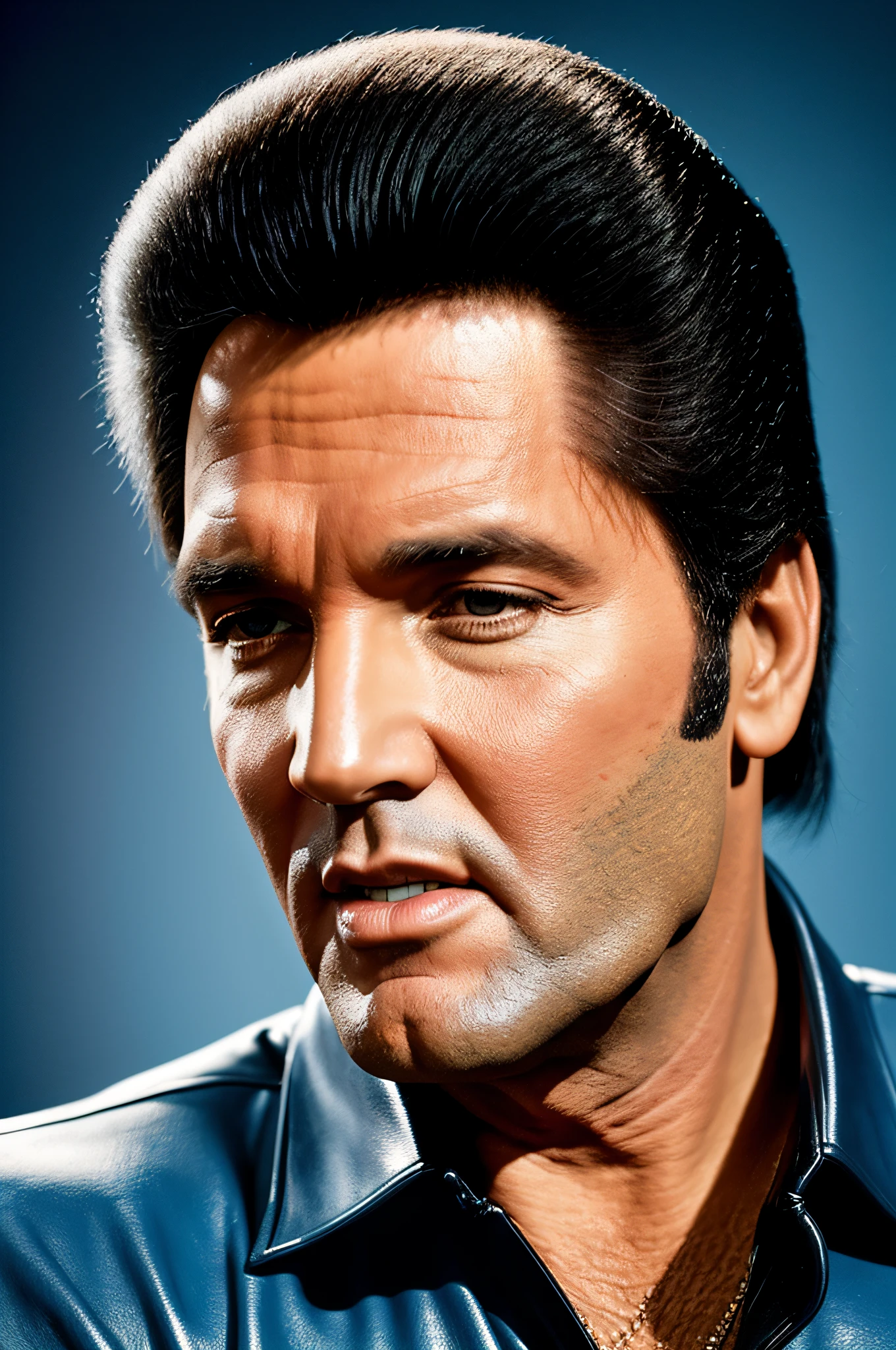 Crie um retrato fotorrealista em 8k de Elvis Presley se ele tivesse 88 anos hoje, Elementos altamente detalhados, hiper-realista, all in high definition and 8K Ultra HD resolution, retrato surreal