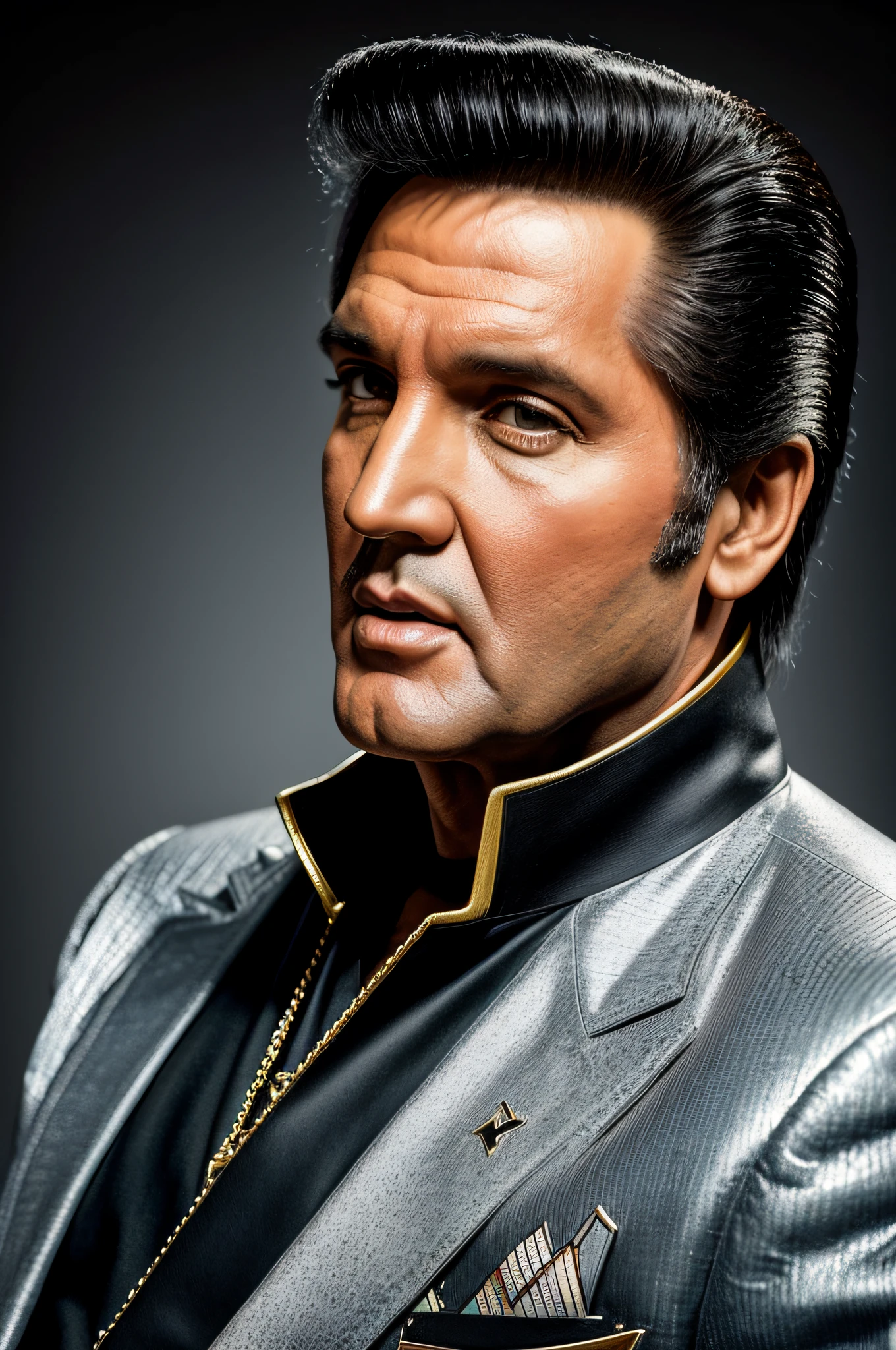 Crie um retrato fotorrealista em 8k de Elvis Presley se ele tivesse 88 anos hoje, Elementos altamente detalhados, hiper-realista, all in high definition and 8K Ultra HD resolution, retrato surreal