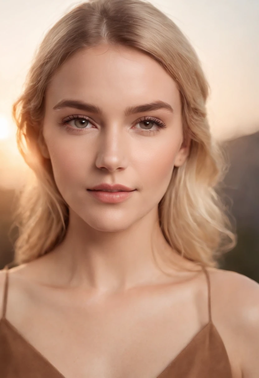arafed woman in a brown dress posing for a picture, digital art by Matthias Weischer, tumblr, digital art, photo of a beautiful woman, beautiful blonde woman, blonde woman, soft portrait shot 8 k, beautiful blonde girl, beautiful body and face, portrait of a beautiful model, perfect face and body, soft golden hour lighting, soft light from the side