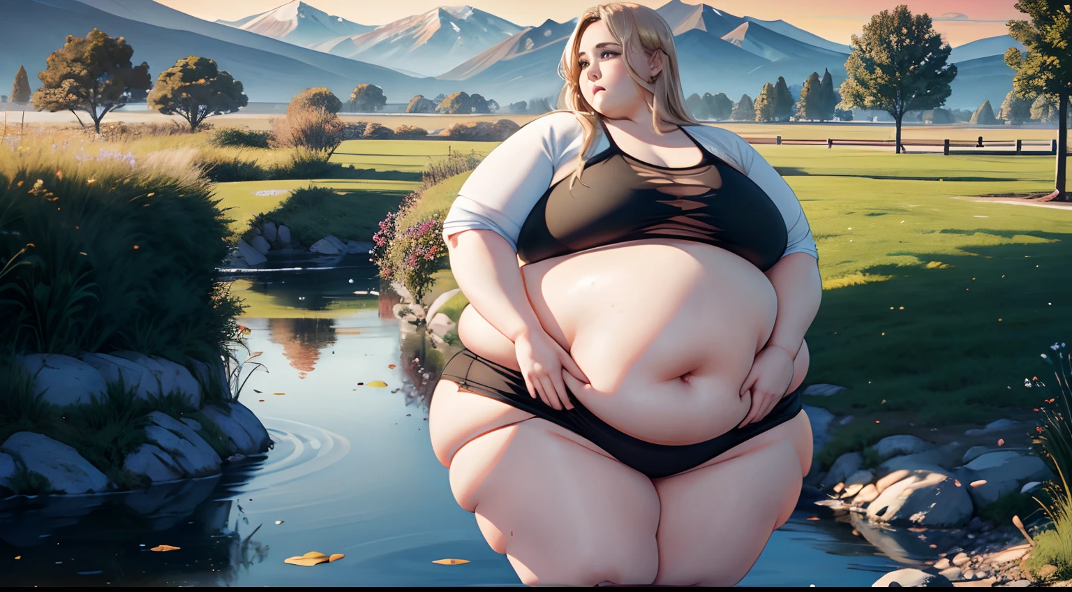 Rule_of_thirds, 1 girl, extremely obese, (obese belly):1.8, (obese legs):1.5, fat rolls, massive SSBBW body, massive hyperbelly, soft massive obese belly, cute chubby feminine face, sensual pose, soft obese thighs, soft obese legs, soft obese breasts, soft obese arms, soft chubby hands, soft chubby feet, Serene expression, mesmerizing eyes, gorgeous supermodel face, straight long blonde hair, elegant transparent dress, poised posture, porcelain skin, subtle blush, SFW, fat ripping through clothes,
BREAK
golden hour, (rim lighting):1.2, warm tones, sun flare, soft shadows, vibrant colors, painterly effect, dreamy atmosphere
BREAK
scenic lake, distant mountains, willow tree, calm water, reflection, sunlit clouds, peaceful ambiance, idyllic sunset, ultra detailed, official art, unity 8k wallpaper, zentangle, mandala