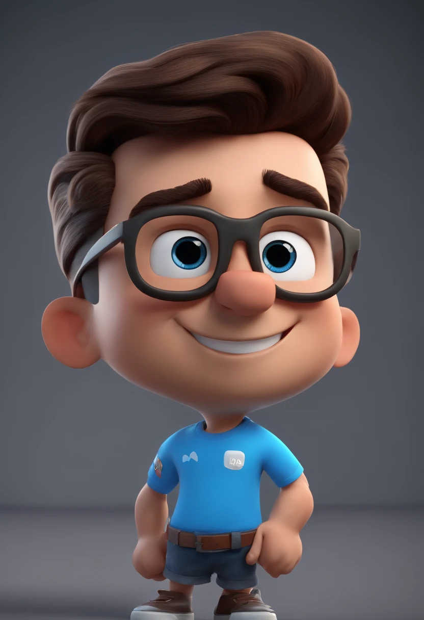 Cartoon character of a man with black glasses, Short brown gradient hair and a sporty blue t-shirt, animation character, Caractere estilizado, animation style rendering, 3D estilizado, Arnold Maya render, 3 d render stylized, toon render keyshot, Personagem 3D, Personagem 3D, 3d rendering stylized, 3 d character render, personagem de desenho animado, Personagem de close up, Pose de personagem,  (Estilo Pixar) (master part:1.2) (Bokeh) (best quality) (pele detalhada) (textura detalhada) (8k) (argila) (Cinematic lighting) (foco nítido