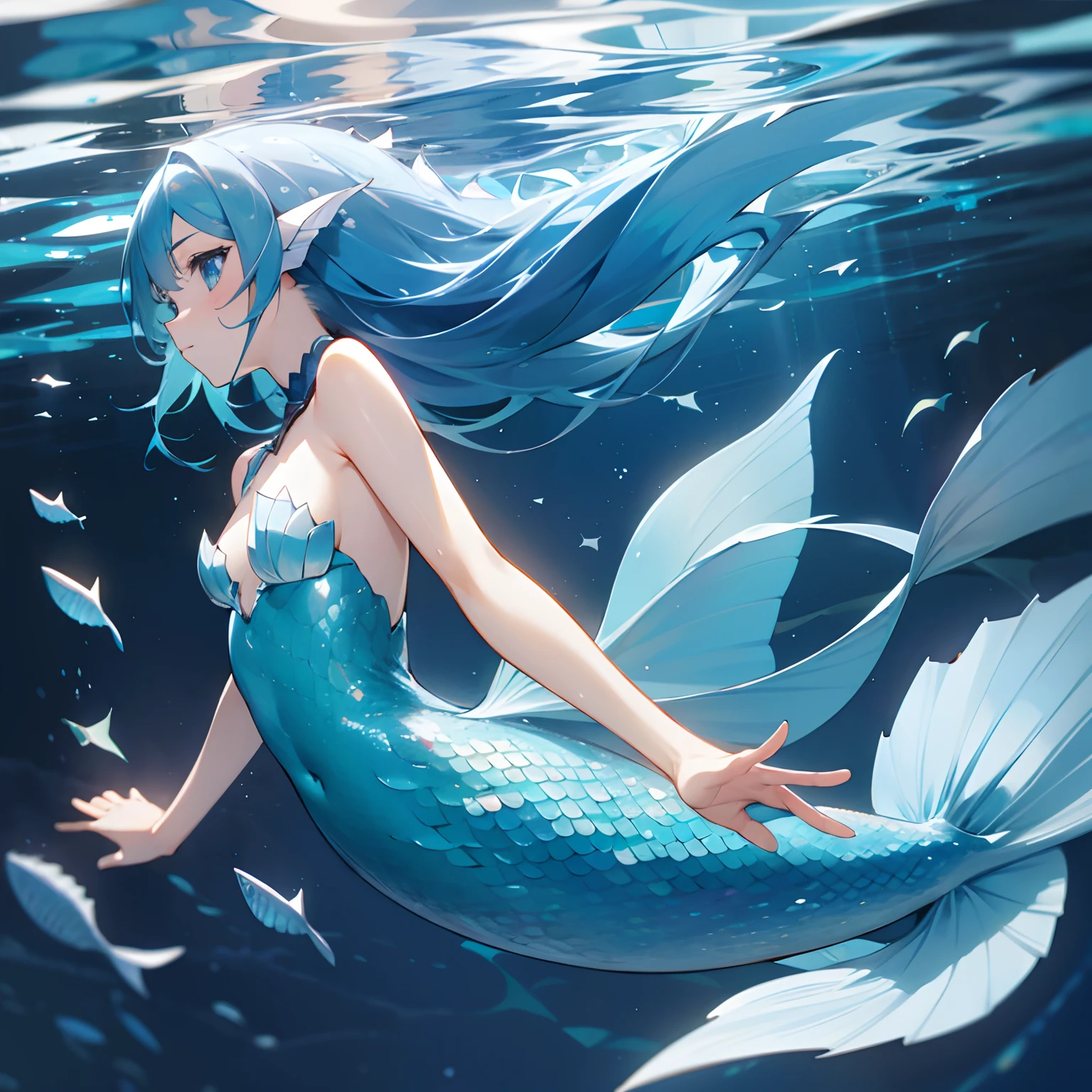 mermaid swimming in the sea、There are blue scales all over the body、From the waist to the tip, a single caudal fin grows、Ear tabs are fin-shaped