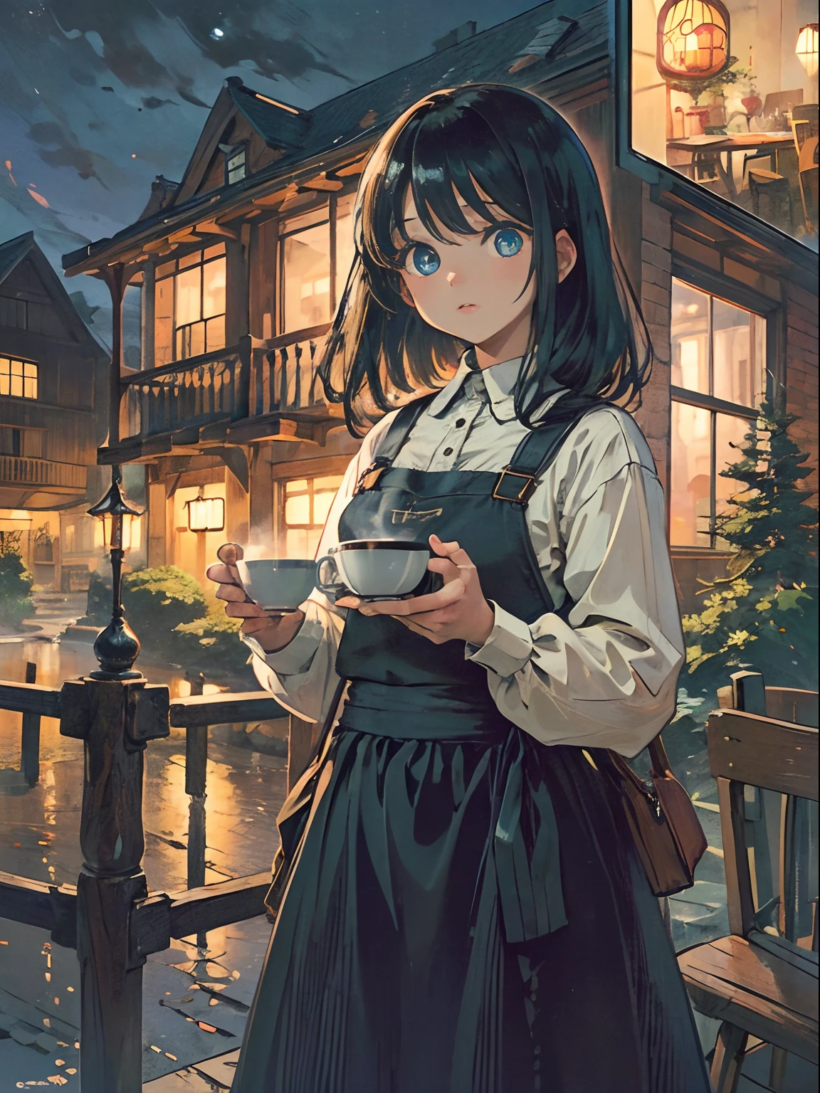 (masterpiece), (best quality), (ultra-detailed),antique house,1girl,nostalgic,lodge,A girl is traveling,shiny black hair, wide angle, blue eye, medium hair,
 antique cafe, at dusk, holding coffee cup with both hands