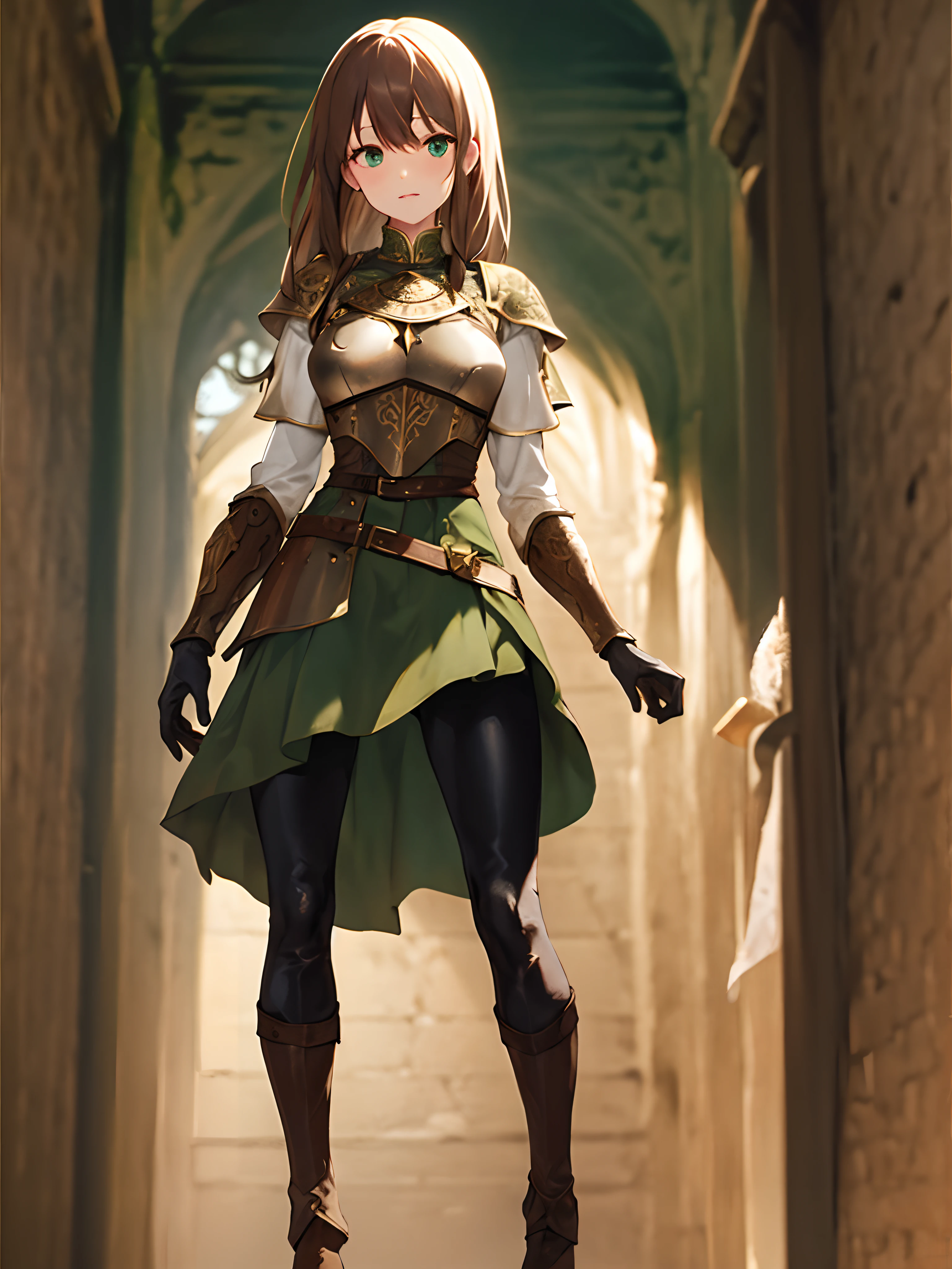 medieval setting,full view of body,1 woman,elven featured face, beautiful green eyes,brown hair, armor plate, cute skirt dress, black leather pants