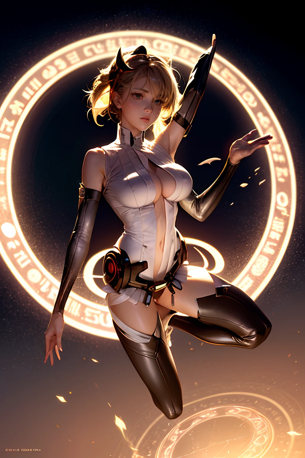 (Obra maestra:1.2), (La mejor calidad:1.2), Perfect lighting, Chica Maga Oscura lanzando un hechizo, flotando en el aire, Levitating over a magic circle , Portal de Circle, tetas grandes, escote abierto, fondo de magia. Pose sejustiva y sexy