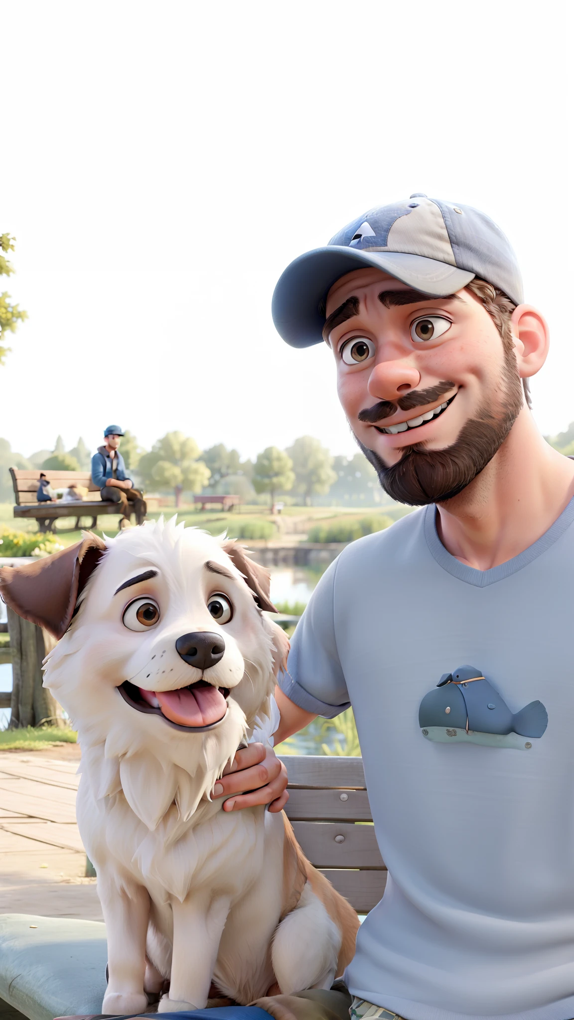 Arafed man sitting on a bench with a dog and a fake mustache - SeaArt AI