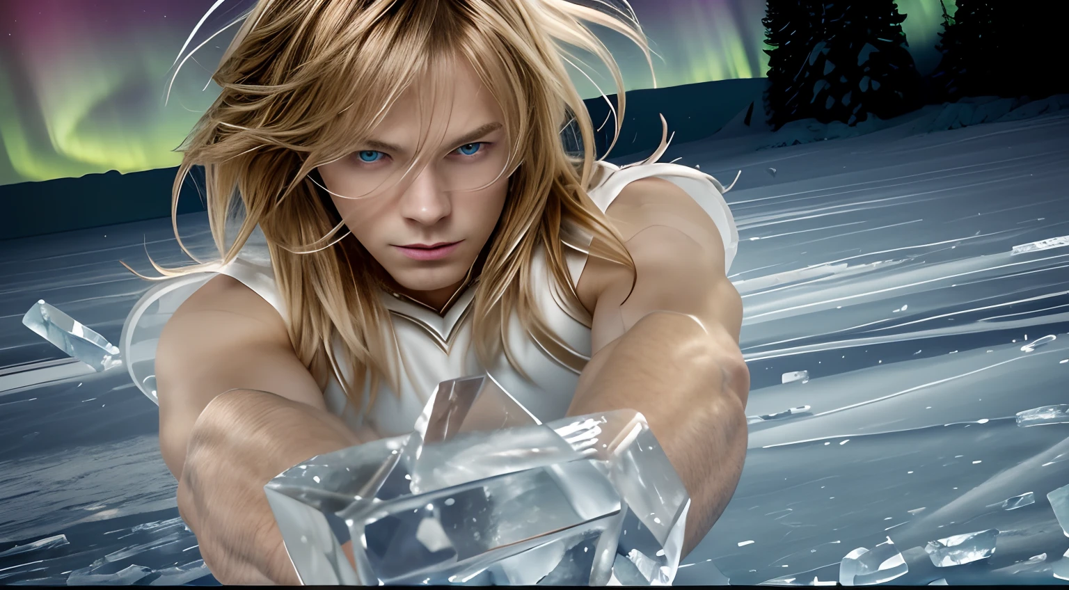 (masterpiece), (realistic) , close up portrait of a man, (male), 20 years old, Russian (1boy), slightly low view, solo, pretty handsome man, white skin, ((pretty big blue eyes)), ((well done eyes)), ((perfect eyes)), serious, powerful look, medium messy blond hair, (bangs), hair blowing in the air, (beardless), off-white regatta, muscular, long arms extended forward, proportional arms, ice covering the crossing hands, aurora boreal sky background, frozen background solo, small ice Cristals in the air, cinematic lighting.