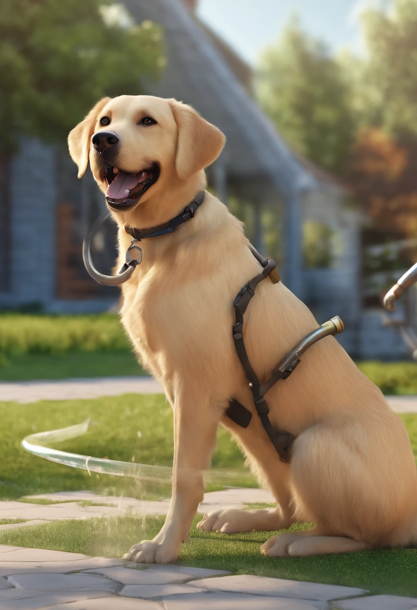 pixer style: female dog, Nero, Labrador, Put the hose in your mouth and play with it, With a happy face. I'm drooling because I want food.，A clear day.
