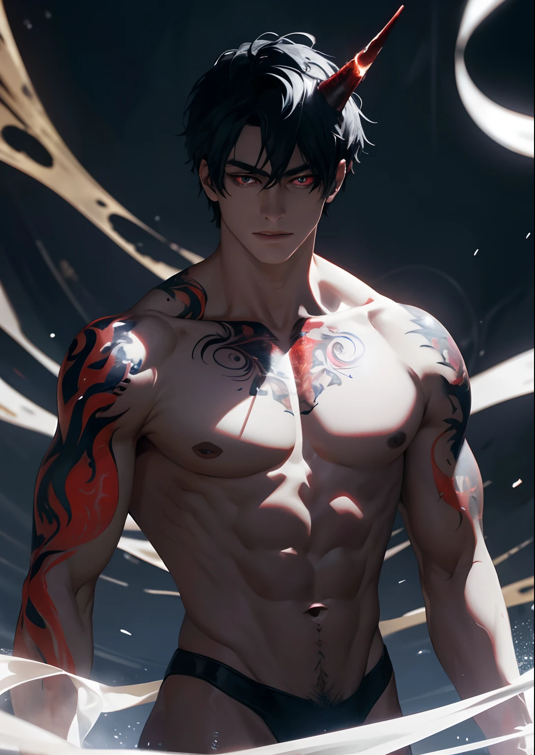 8k, complex, elegant, highly detailed, majestic, digital photography, surrealist painting, beating magic, winding flame, (masterpiece, side light, fine beautiful eyes: 1.2), HDR, (glowing red eyes)), naked upper body, (glowing tattoo), handsome boy, black hair, muscles, blue skin, demon horn, raining, handsome, facing the camera, masterpiece
