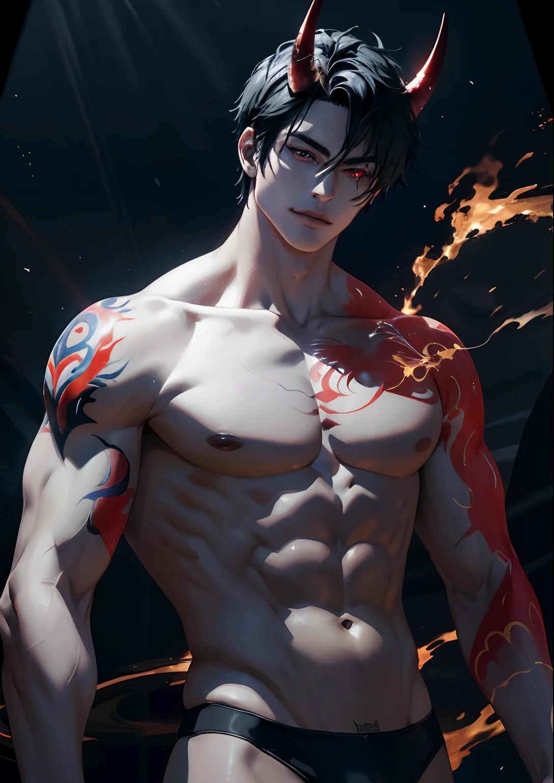8k, complex, elegant, highly detailed, majestic, digital photography, surrealist painting, beating magic, winding flame, (masterpiece, side light, fine beautiful eyes: 1.2), HDR, (glowing red eyes)), naked upper body, (glowing tattoo), handsome boy, black hair, muscles, blue skin, demon horn, raining, handsome, facing the camera, masterpiece