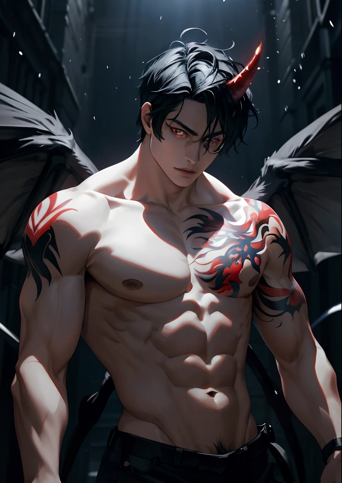 8k, complex, elegant, highly detailed, majestic, digital photography, surrealist painting, beating magic, winding flame, (masterpiece, side light, fine beautiful eyes: 1.2), HDR, (glowing red eyes)), naked upper body, (glowing tattoo), handsome boy, black hair, muscles, blue skin, demon horn, raining, handsome, facing the camera, masterpiece