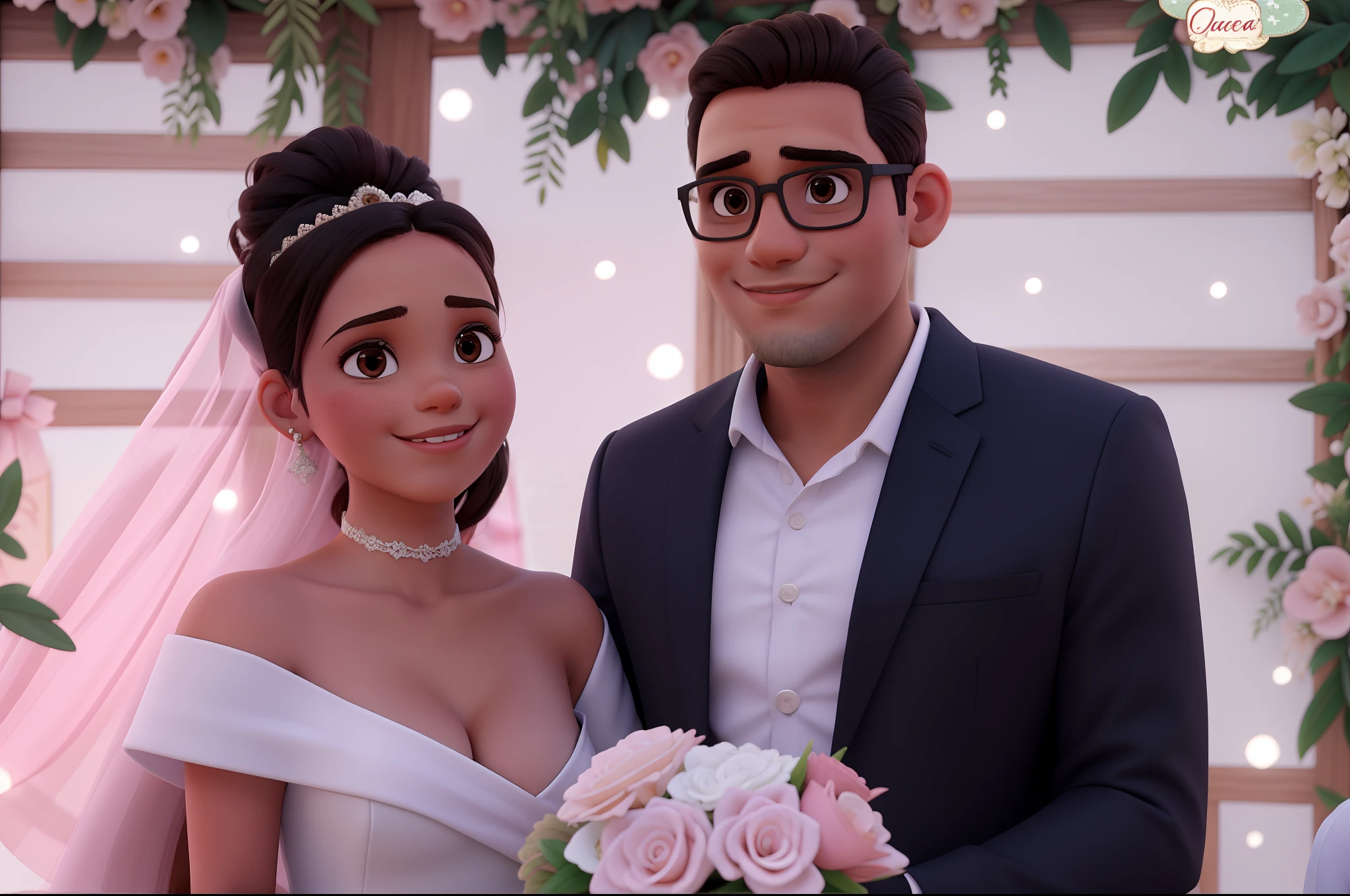 Uma mulher pele morena bustos pequenos e um homem vestindo roupas de casamento com fundo de painel