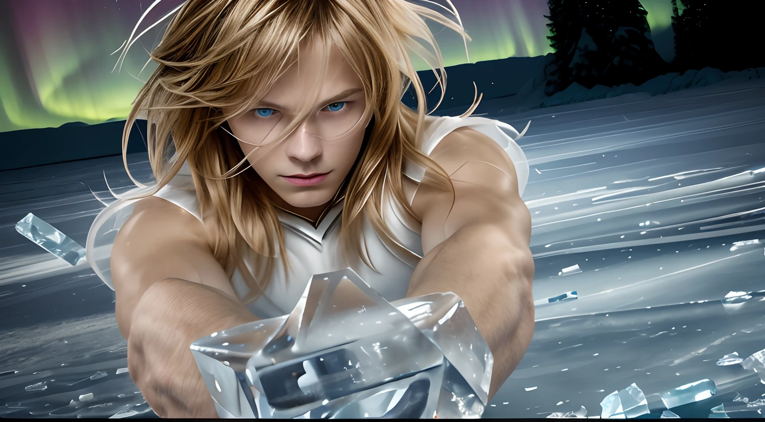 (masterpiece), (realistic) , close up portrait of a man, (male), 20 years old, Russian (1boy), slightly low view, solo, pretty handsome man, white skin, ((pretty big blue eyes)), ((well done eyes)), ((perfect eyes)), serious, powerful look, medium messy blond hair, (bangs), hair blowing in the air, (beardless), off-white regatta, muscular, long arms extended forward, proportional arms, ice covering the crossing hands, aurora boreal sky background, frozen background solo, small ice Cristals in the air, cinematic lighting.