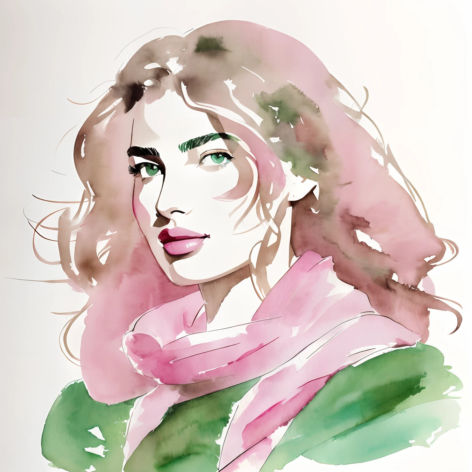 David Downton fashion illustration, line art and airy gentle watercolor drawing, blonde woman 35 y.o, bob thin hair, profile, Andreea Diaconu, light pink lilac sweatshirt, green woolen knitted scarf, windy, creative, designer,