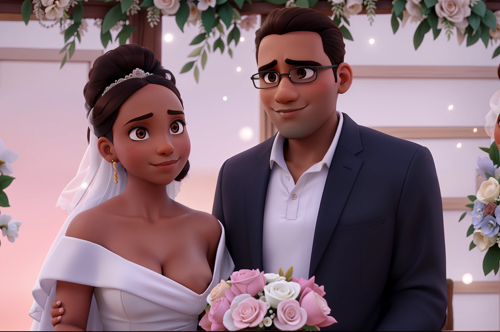 A woman with brown skin, small breasts and a man wearing wedding clothes with panel background looking at the camera