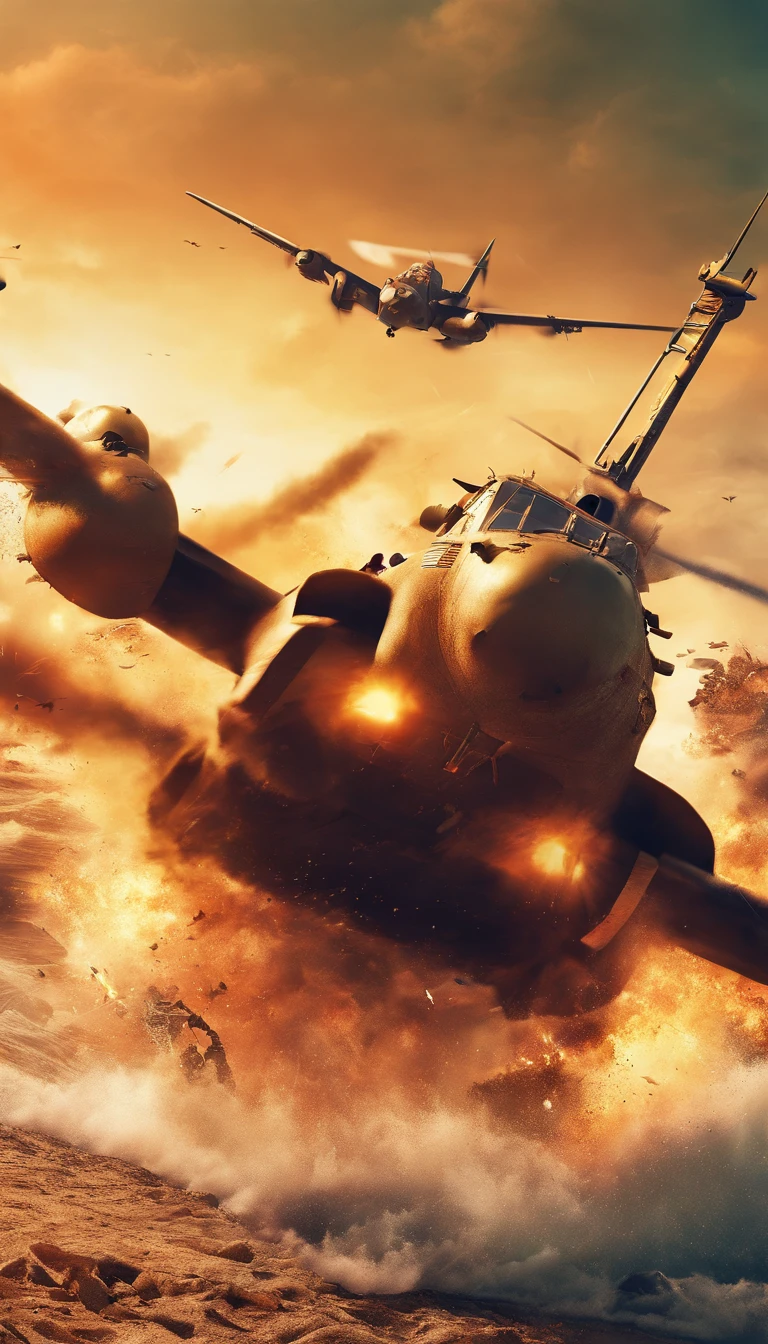 (best quality,ultra-detalhado,fotorrealista),ww 2,Dia D,fotografia de corpo inteiro,hyper-realistic, 3D rendering, texturas arenosas, soldados invadindo a praia, equipamentos detalhados e uniformes, Smoke and explosions, intense action, historical accuracy, dramatic lighting, sepia tone, Ambiente devastado pela guerra, cicatrizes de batalha, Balas voadoras, Aerial Warplanes, Landing craft, Bunkers and fortifications, Beach Obstacles, Chaos and urgency, Heroism and sacrifice.