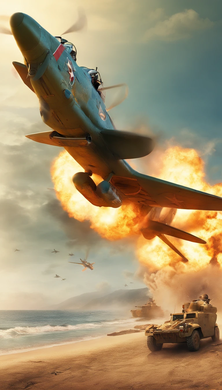 (best quality,ultra-detalhado,fotorrealista),ww 2,Dia D,fotografia de corpo inteiro,hyper-realistic, 3D rendering, texturas arenosas, soldados invadindo a praia, equipamentos detalhados e uniformes, Smoke and explosions, intense action, historical accuracy, dramatic lighting, sepia tone, Ambiente devastado pela guerra, cicatrizes de batalha, Balas voadoras, Aerial Warplanes, Landing craft, Bunkers and fortifications, Beach Obstacles, Chaos and urgency, Heroism and sacrifice.