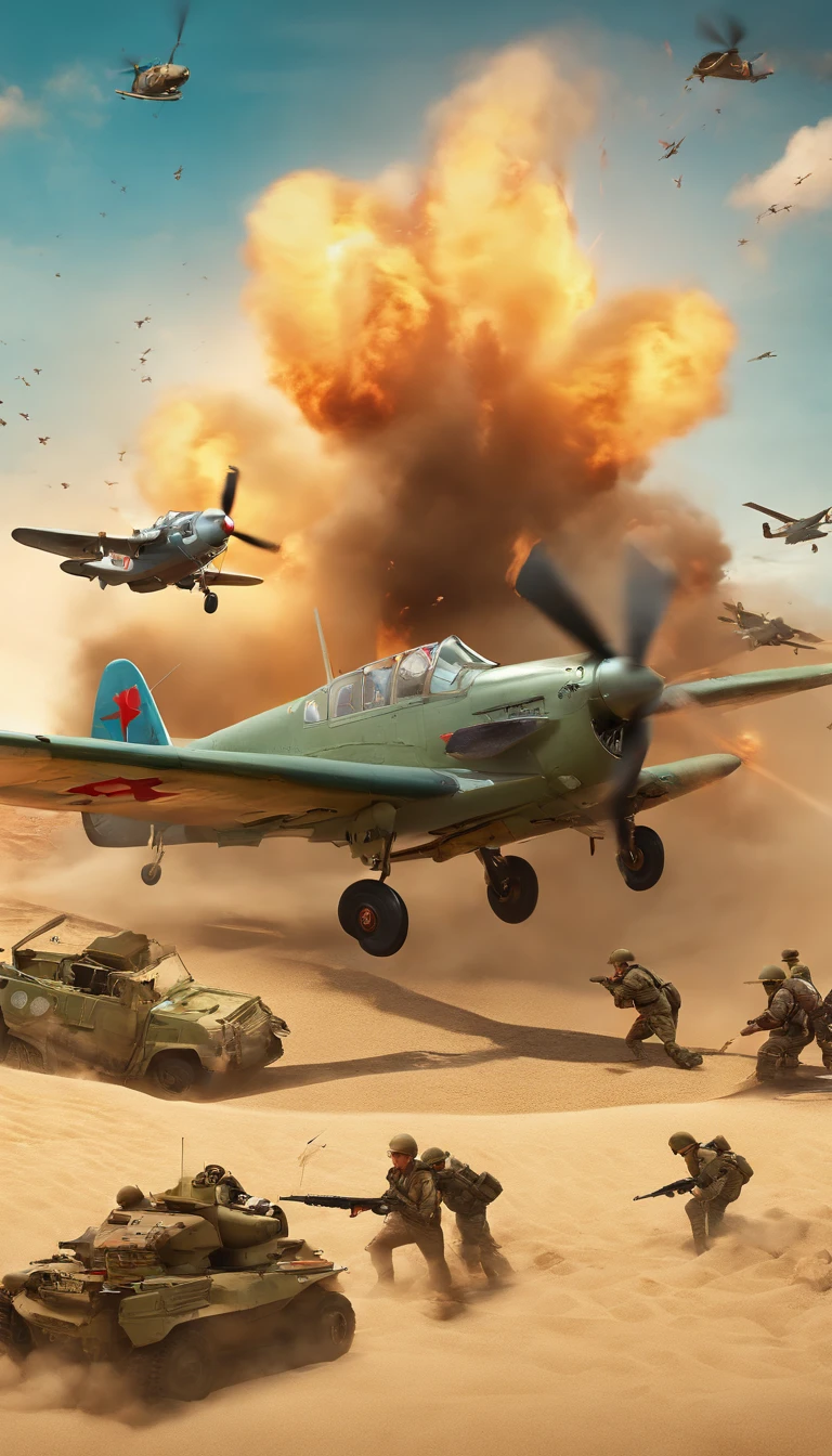 (best quality,ultra-detalhado,fotorrealista),ww 2,Dia D,fotografia de corpo inteiro,hyper-realistic, 3D rendering, texturas arenosas, soldados invadindo a praia, equipamentos detalhados e uniformes, Smoke and explosions, intense action, historical accuracy, dramatic lighting, sepia tone, Ambiente devastado pela guerra, cicatrizes de batalha, Balas voadoras, Aerial Warplanes, Landing craft, Bunkers and fortifications, Beach Obstacles, Chaos and urgency, Heroism and sacrifice.